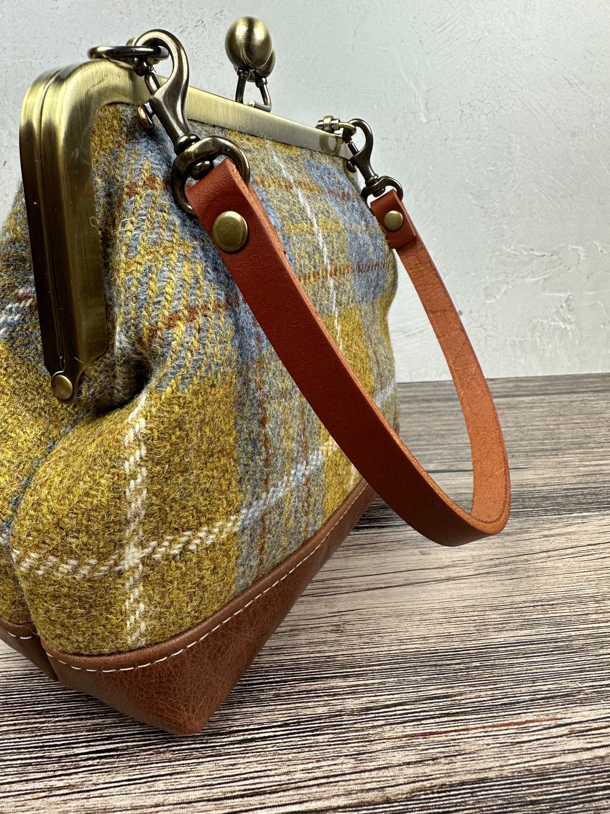 Yellow and Blue Plaid Harris Tweed® with Brandy Leather and Bronze Princess Anne Kiss Lock SquiresCanvasCreations.com