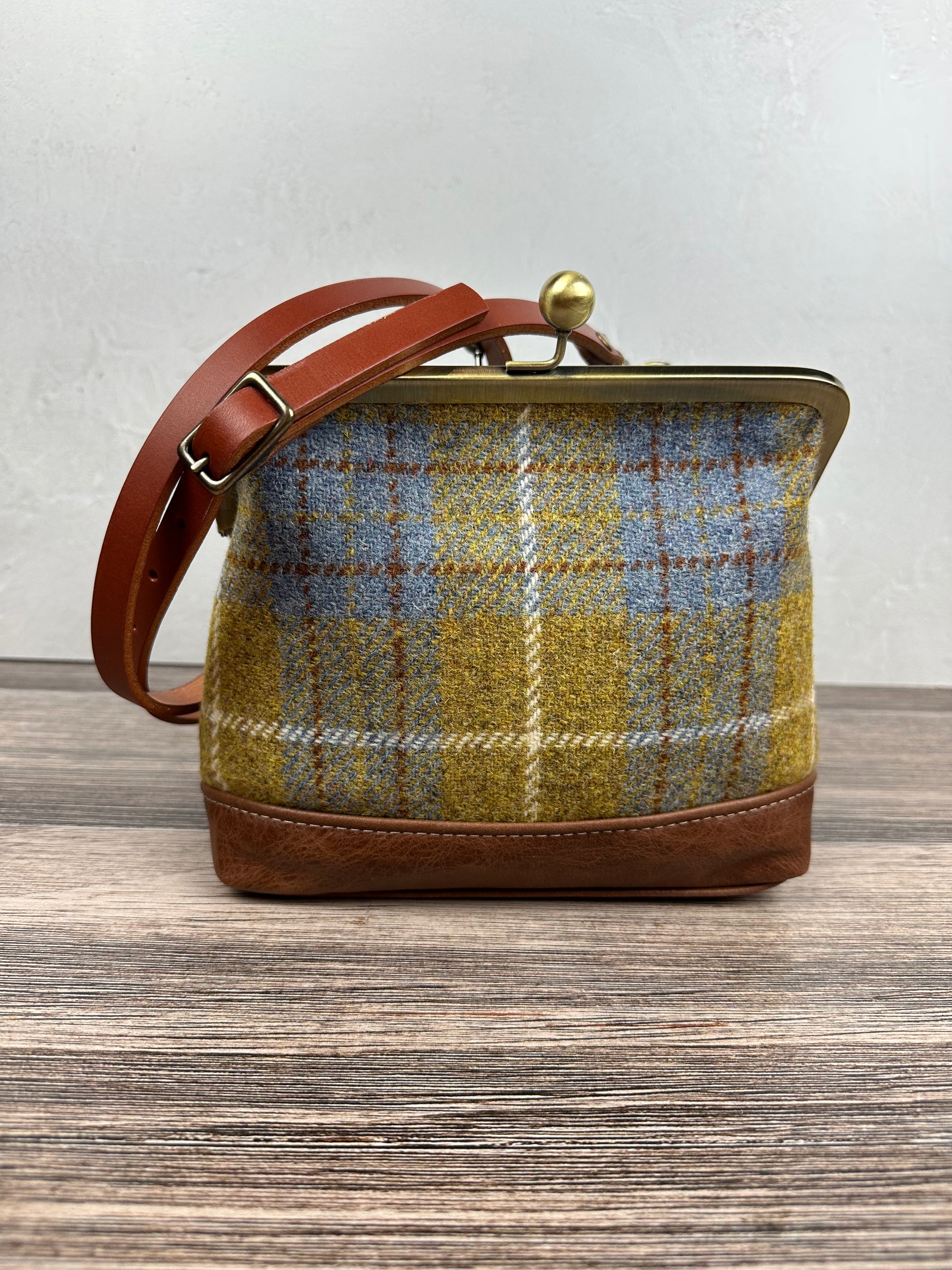 Yellow and Blue Plaid Harris Tweed® with Brandy Leather and Bronze Princess Anne Kiss Lock SquiresCanvasCreations.com