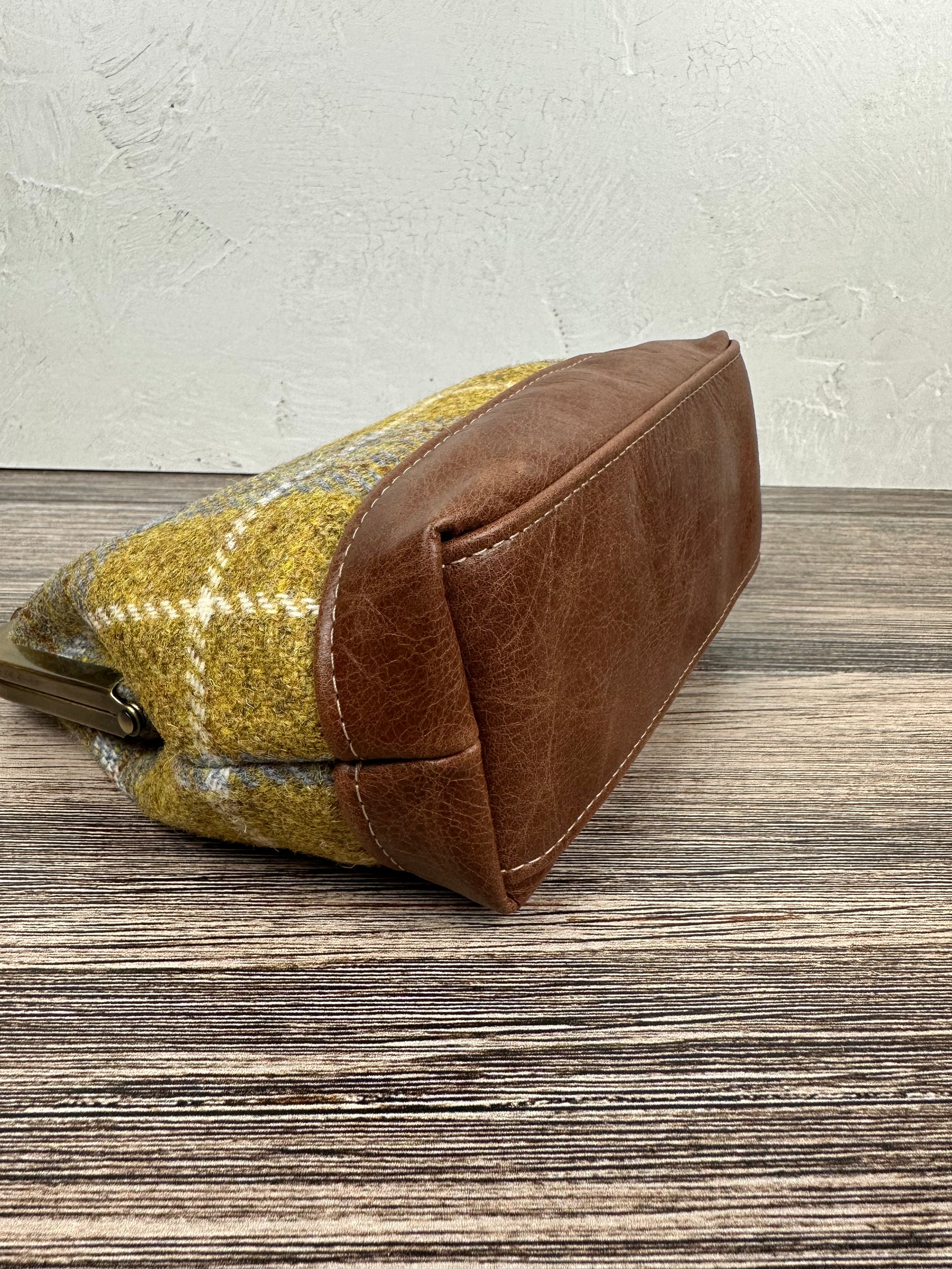 Yellow and Blue Plaid Harris Tweed® with Brandy Leather and Bronze Princess Anne Kiss Lock SquiresCanvasCreations.com