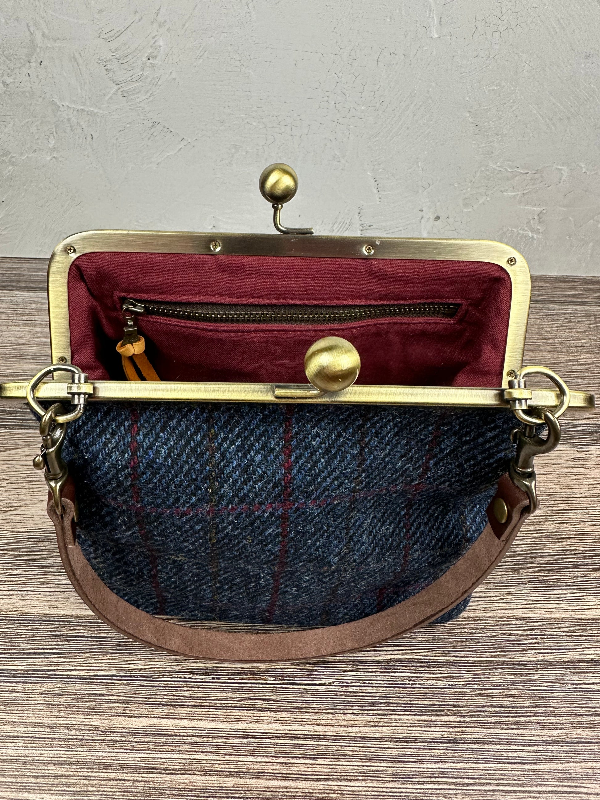 Dark Blue Plaid Harris Tweed® and Bronze Princess Anne Kiss Lock SquiresCanvasCreations.com
