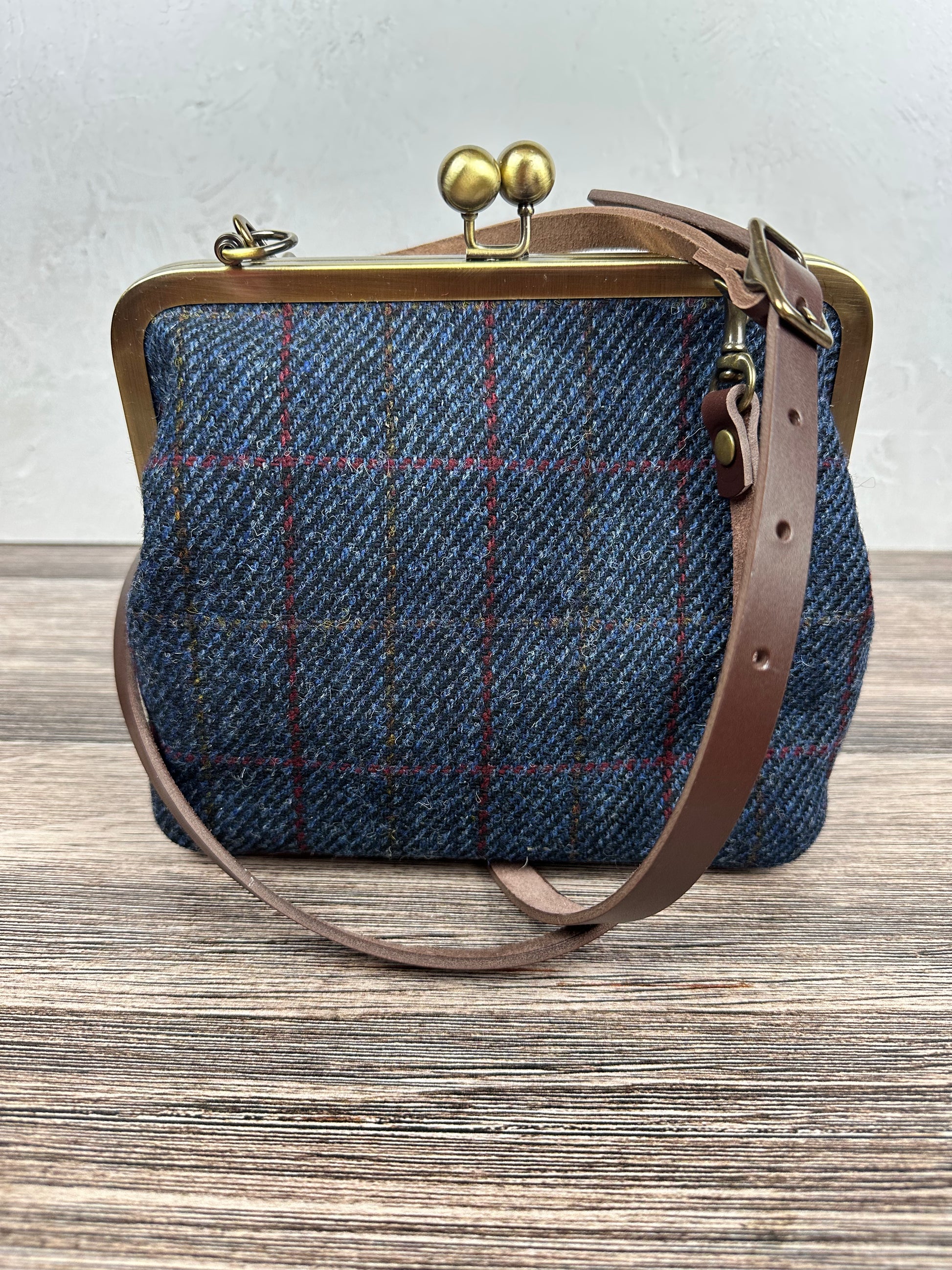 Dark Blue Plaid Harris Tweed® and Bronze Princess Anne Kiss Lock SquiresCanvasCreations.com