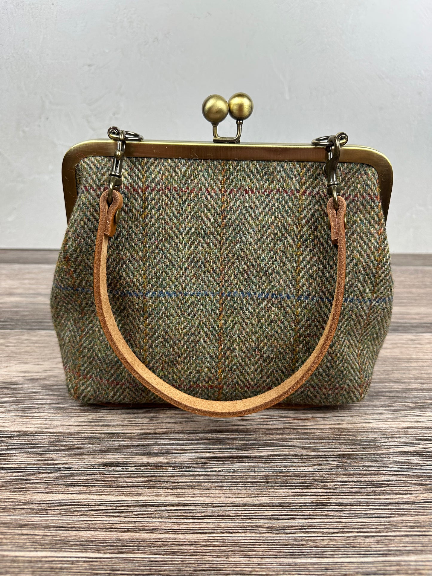 Green Mix Herringbone Harris Tweed® and Bronze Princess Anne Kiss Lock SquiresCanvasCreations.com
