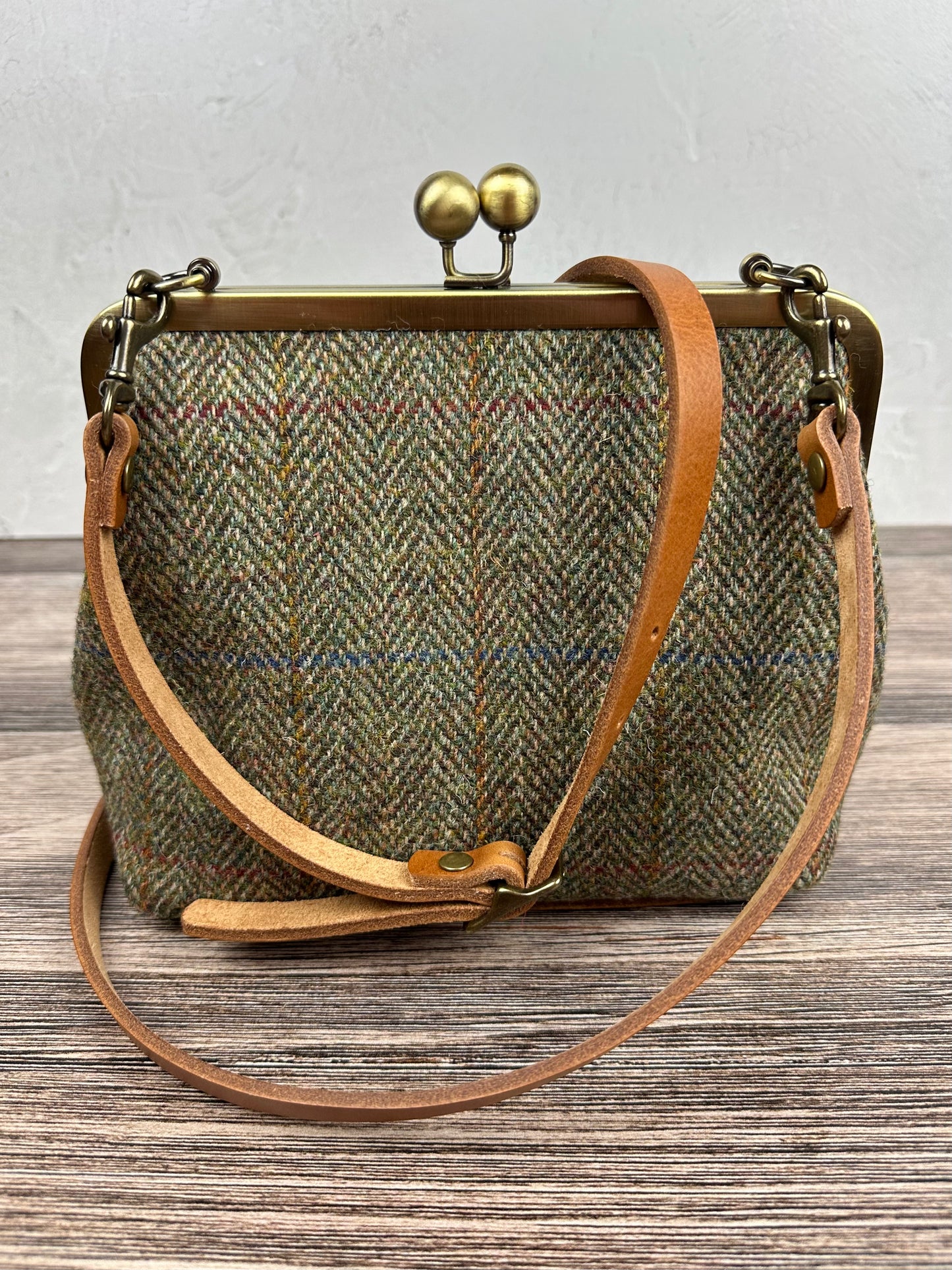 Green Mix Herringbone Harris Tweed® and Bronze Princess Anne Kiss Lock SquiresCanvasCreations.com