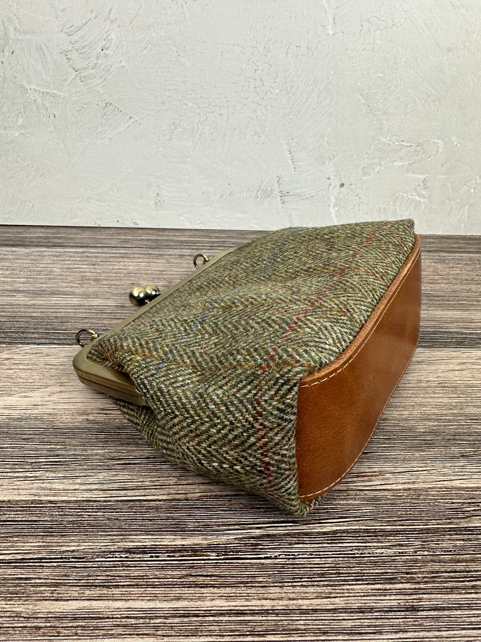 Green Mix Herringbone Harris Tweed® and Bronze Princess Anne Kiss Lock SquiresCanvasCreations.com