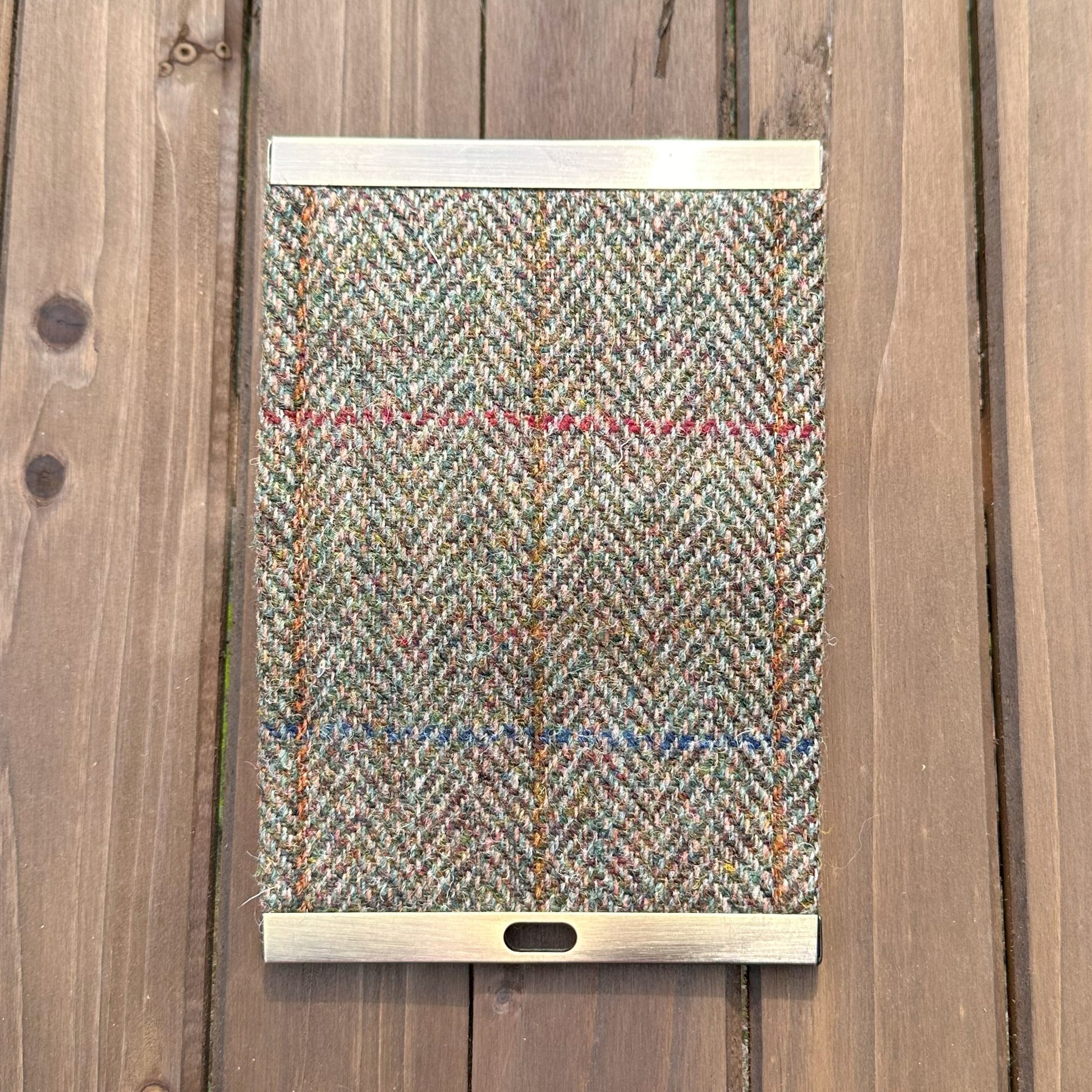 Green and Blue Herringbone with a Rust Overcheck Harris Tweed® with Grey Khaki Interior and Bronze Flip-Lock City Dock Wallet squirescanvascreations.com