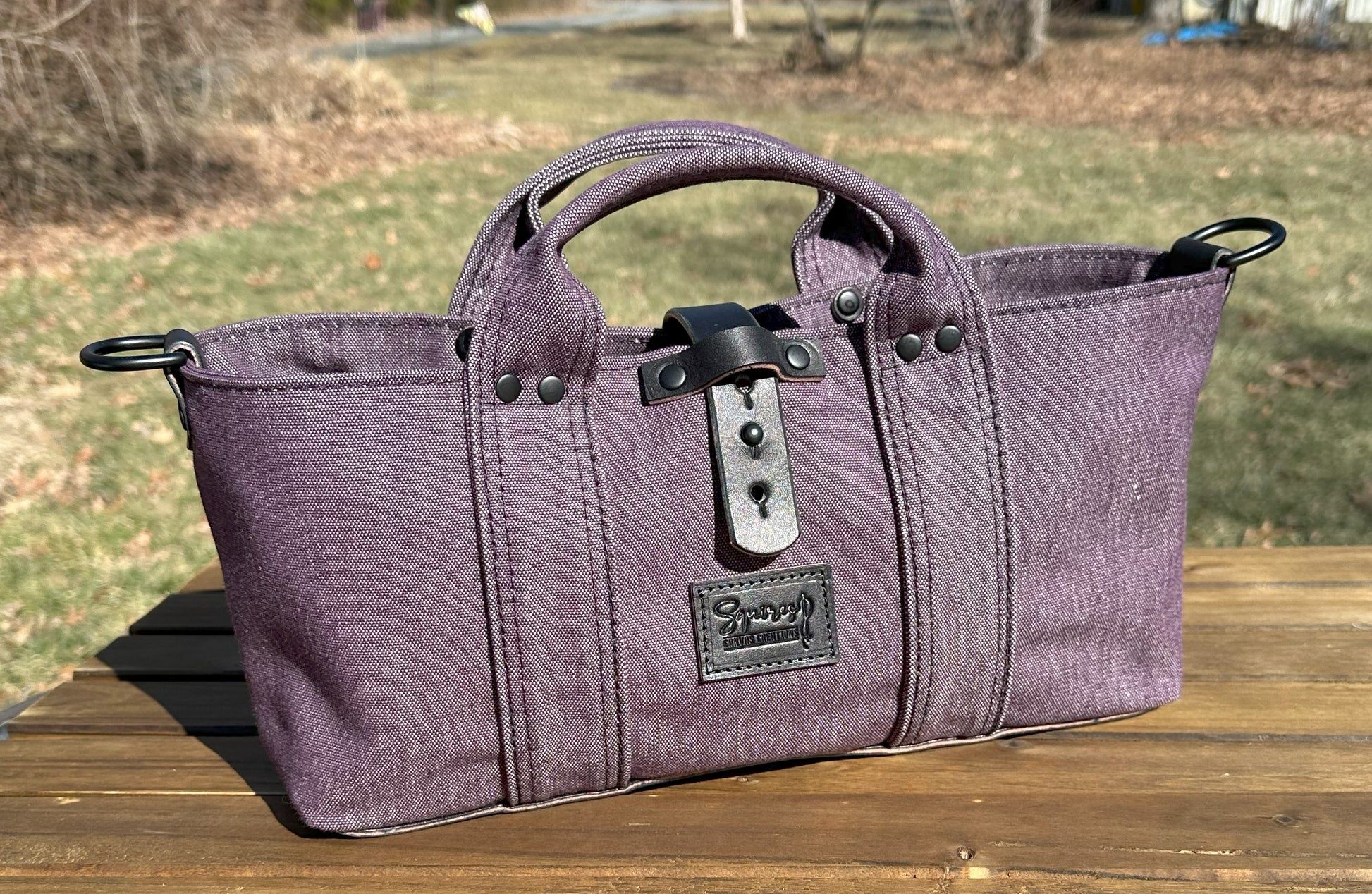 Waterman Tote (Small) Plum Army Duck Canvas Black Leather and Matt Black Hardware SquiresCanvasCreations.com