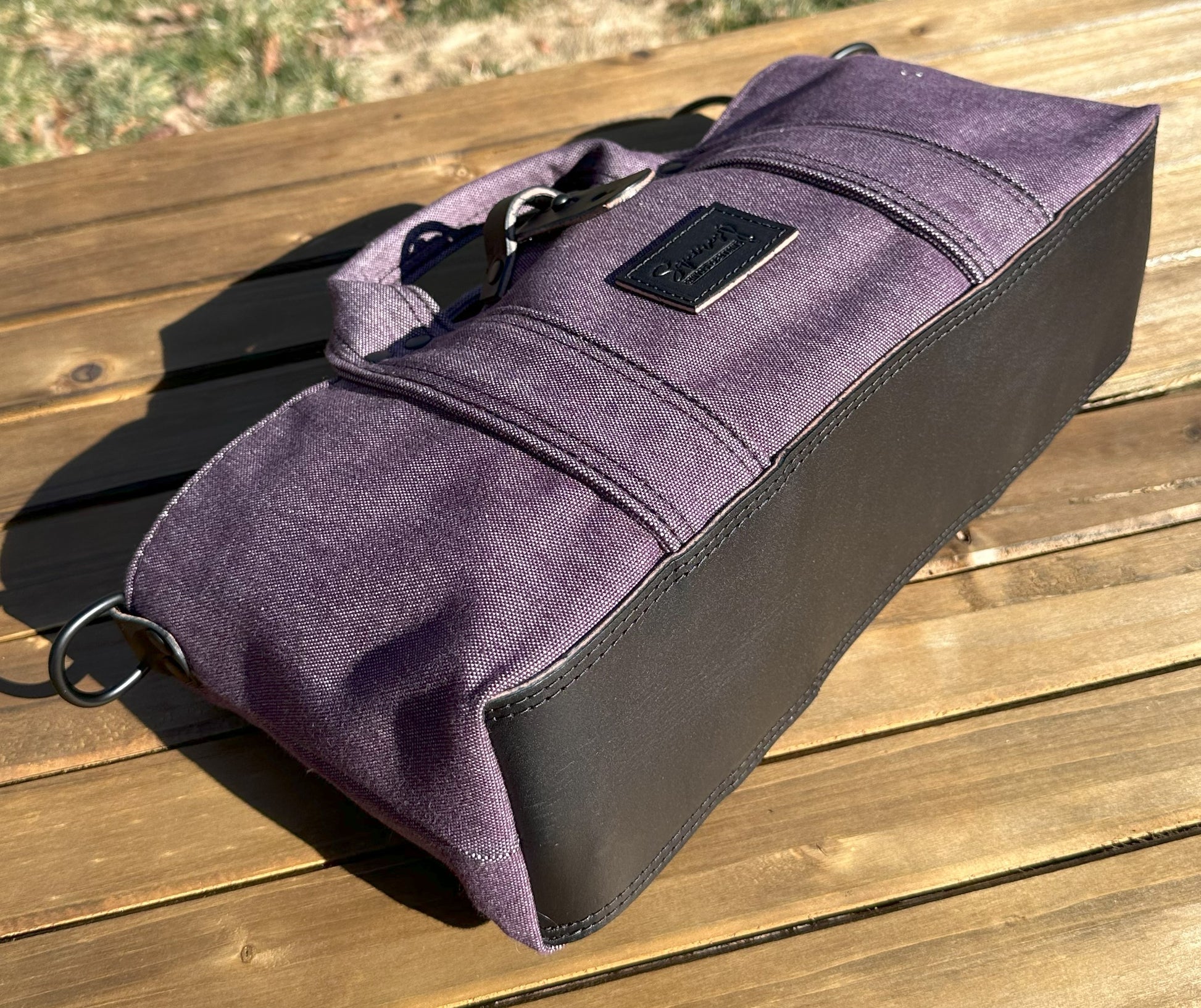 Waterman Tote (Small) Plum Army Duck Canvas Black Leather and Matt Black Hardware SquiresCanvasCreations.com