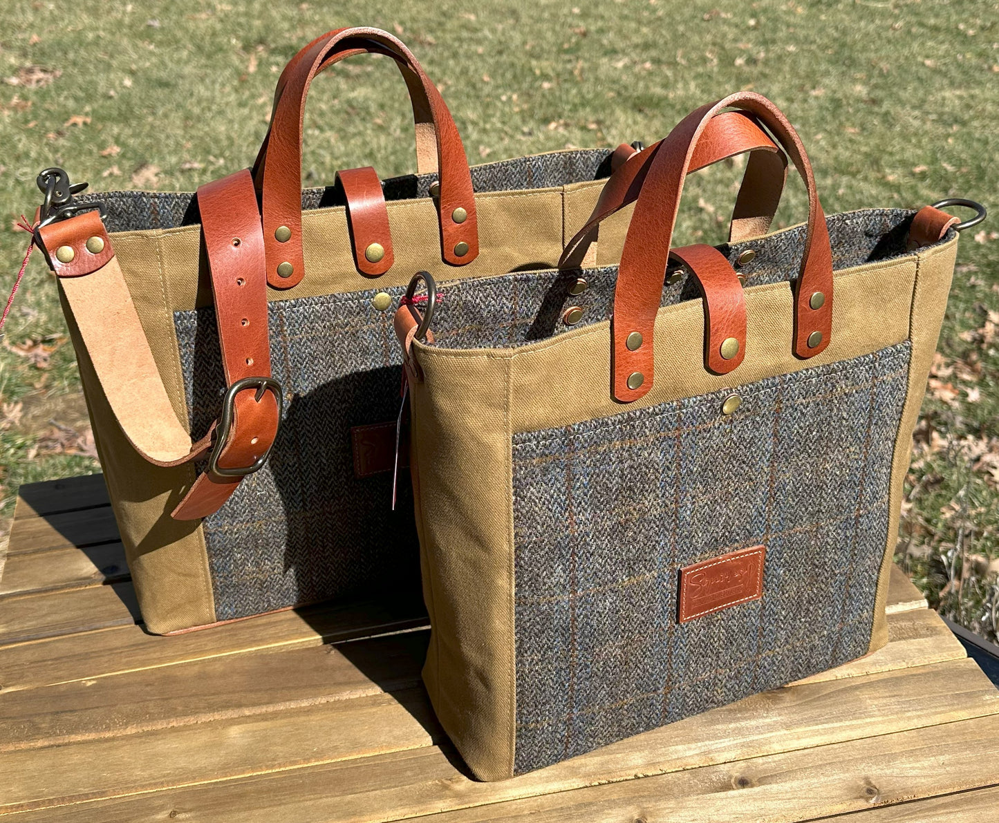 Harris Tweed® Green & Blue Herringbone with Tan Halley Stevensons 18oz Hybrid Waxed Canvas with Splenda Leather Strap SquiresCanvasCreations.com