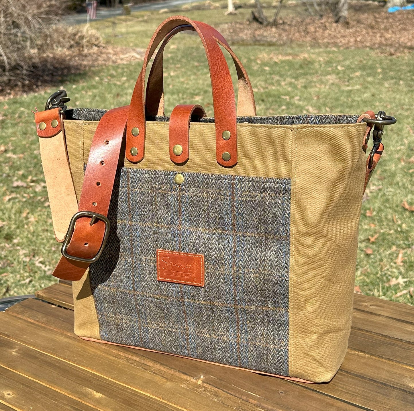 Harris Tweed® Green & Blue Herringbone with Tan Halley Stevensons 18oz Hybrid Waxed Canvas with Splenda Leather Strap SquiresCanvasCreations.com