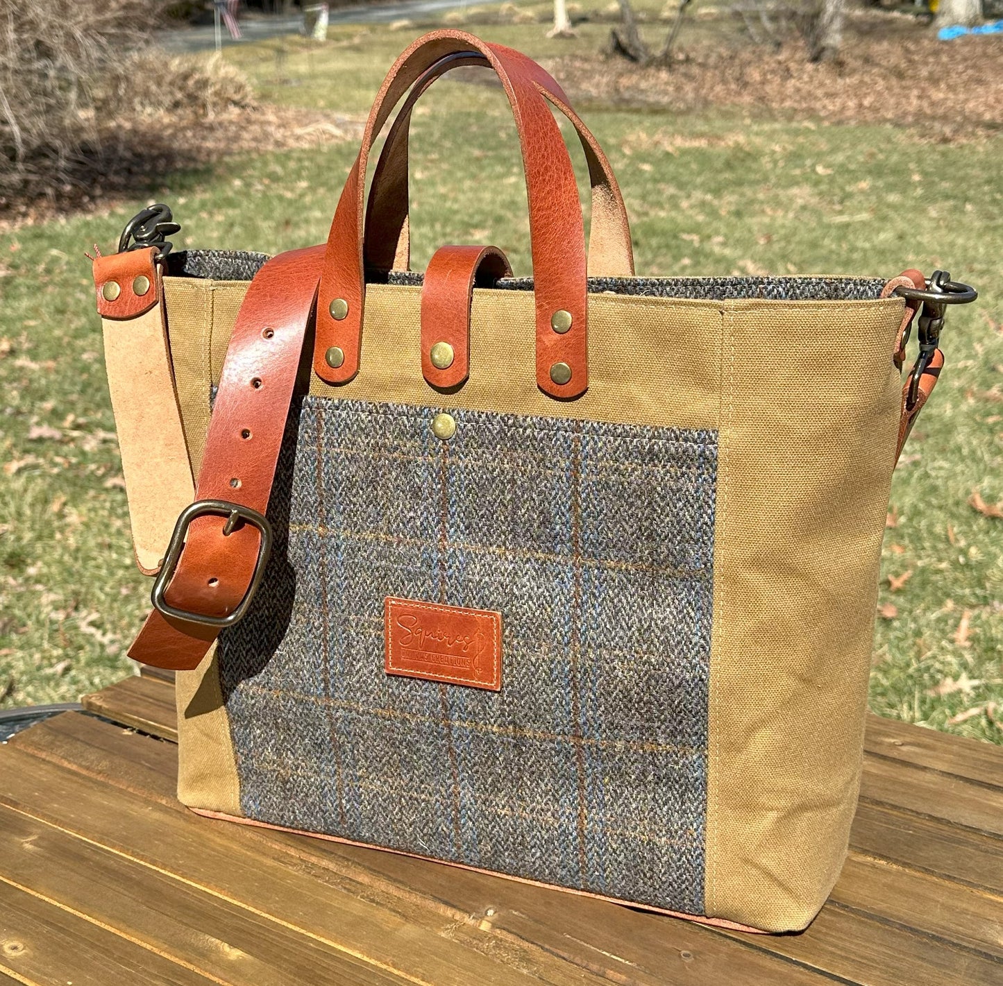 Harris Tweed® Green & Blue Herringbone with Tan Halley Stevensons 18oz Hybrid Waxed Canvas with Splenda Leather Strap SquiresCanvasCreations.com