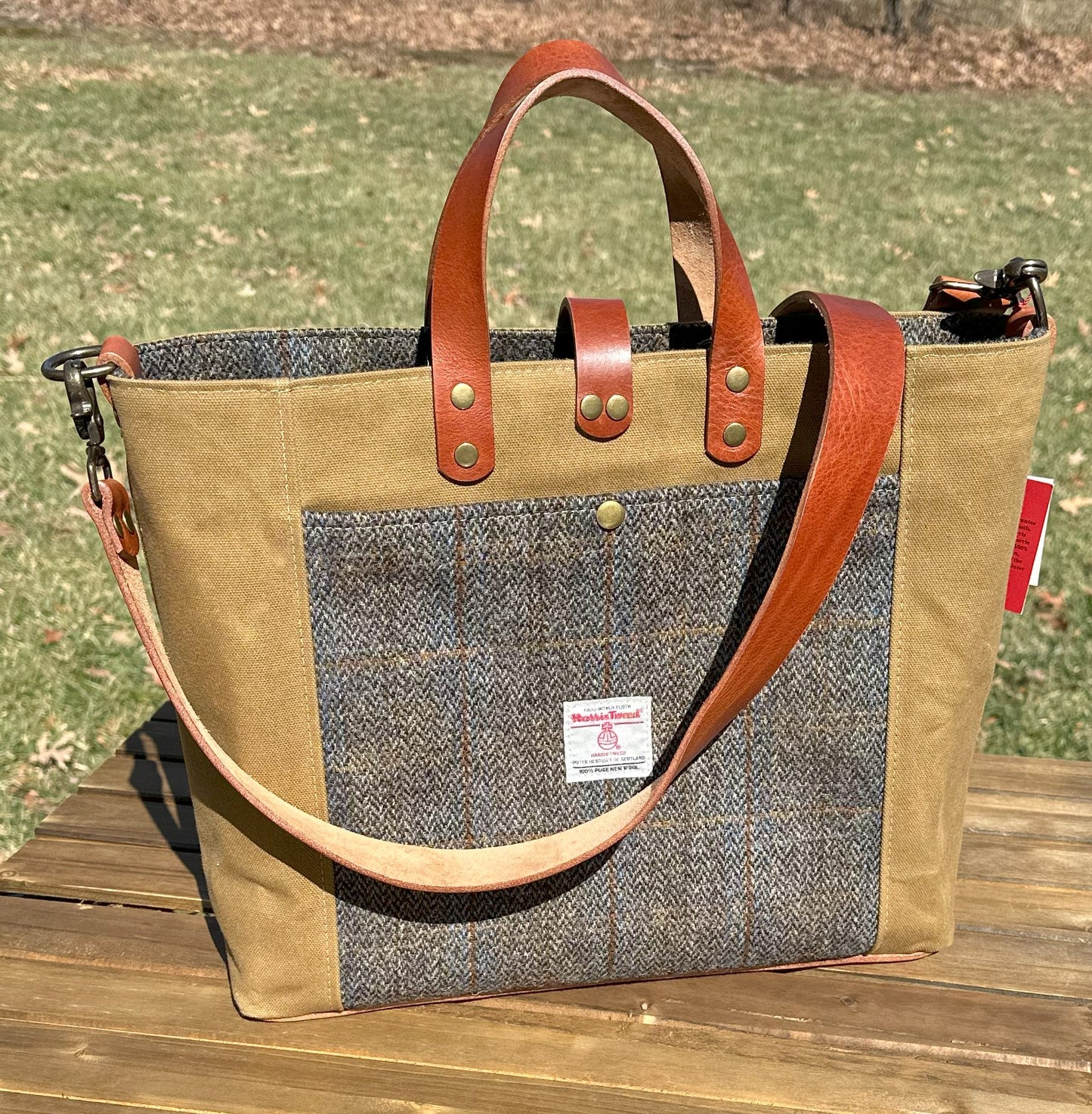 Harris Tweed® Green & Blue Herringbone with Tan Halley Stevensons 18oz Hybrid Waxed Canvas with Splenda Leather Strap SquiresCanvasCreations.com