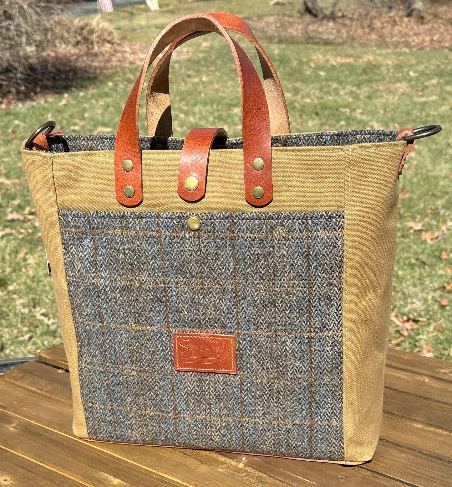 Harris Tweed® Green & Blue Herringbone with Tan Halley Stevensons 18oz Hybrid Waxed Canvas SquiresCanvasCreations.com