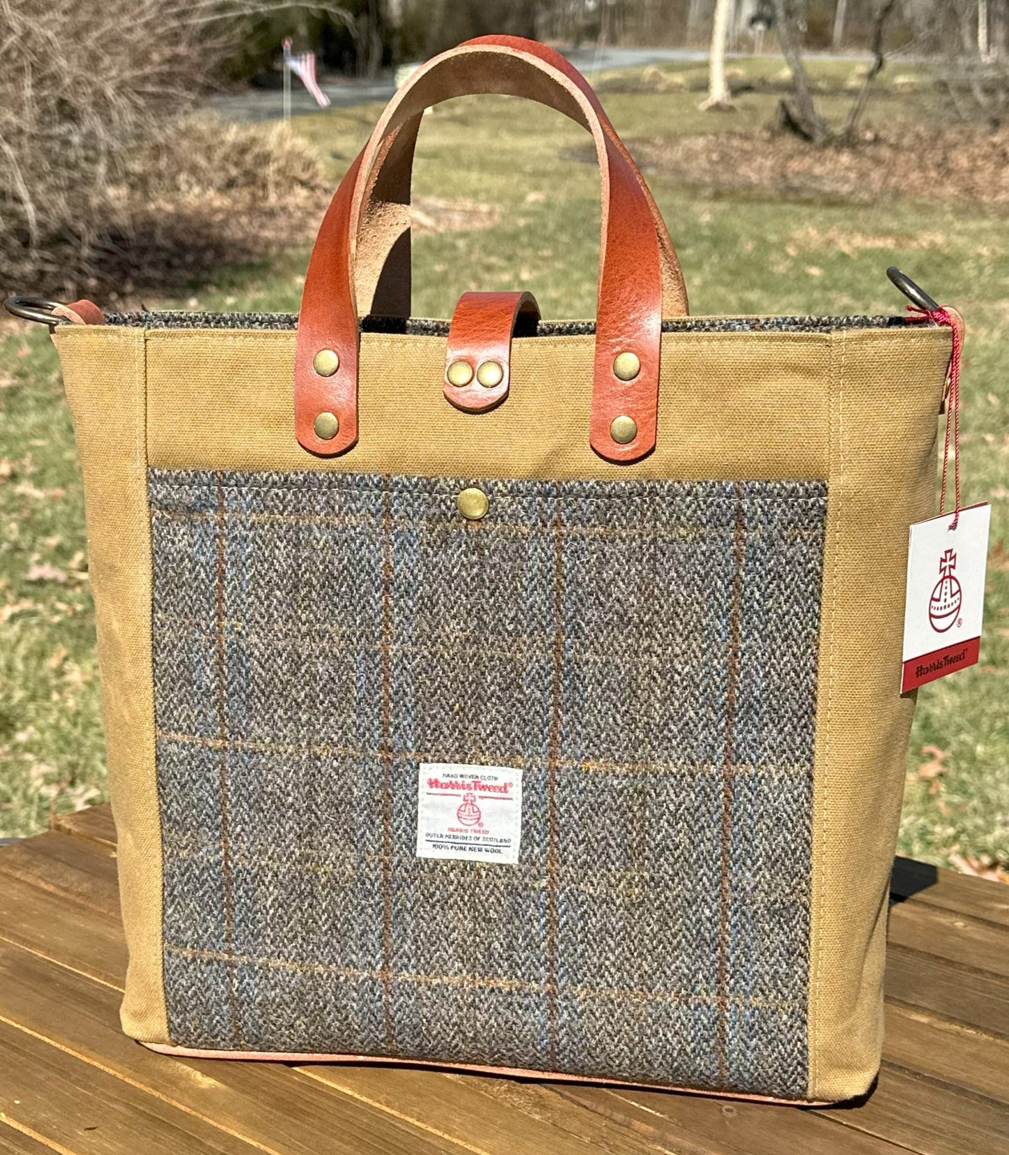 Harris Tweed® Green & Blue Herringbone with Tan Halley Stevensons 18oz Hybrid Waxed Canvas SquiresCanvasCreations.com