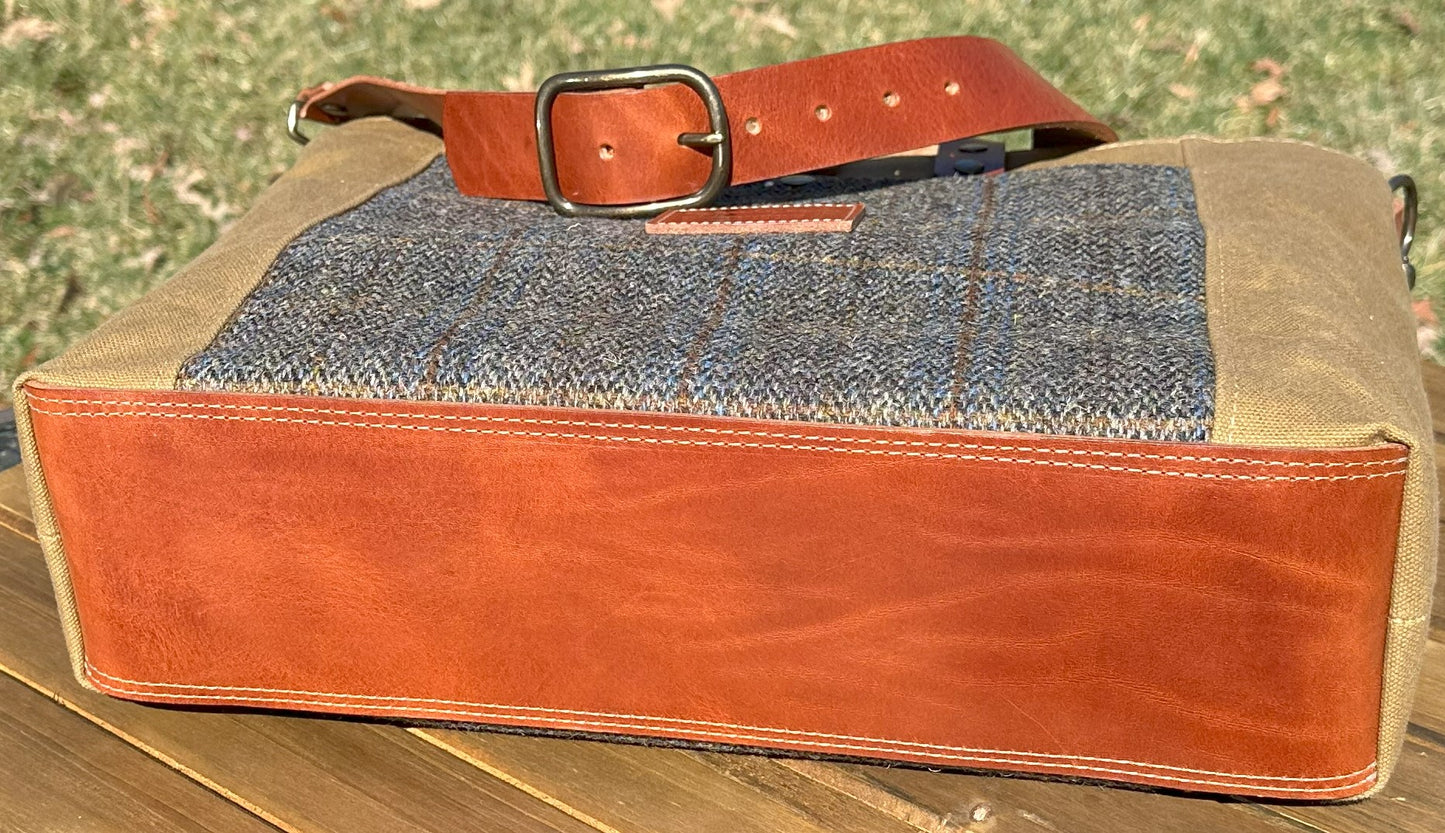 Harris Tweed® Green & Blue Herringbone with Tan Halley Stevensons 18oz Hybrid Waxed Canvas with Splenda Leather Strap SquiresCanvasCreations.com
