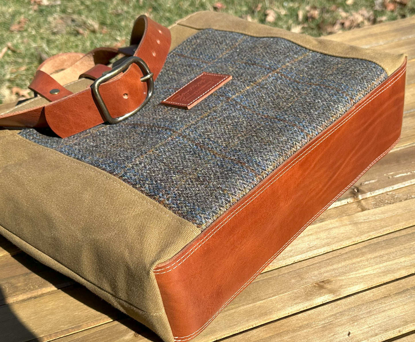 Harris Tweed® Green & Blue Herringbone with Tan Halley Stevensons 18oz Hybrid Waxed Canvas with Splenda Leather Strap SquiresCanvasCreations.com
