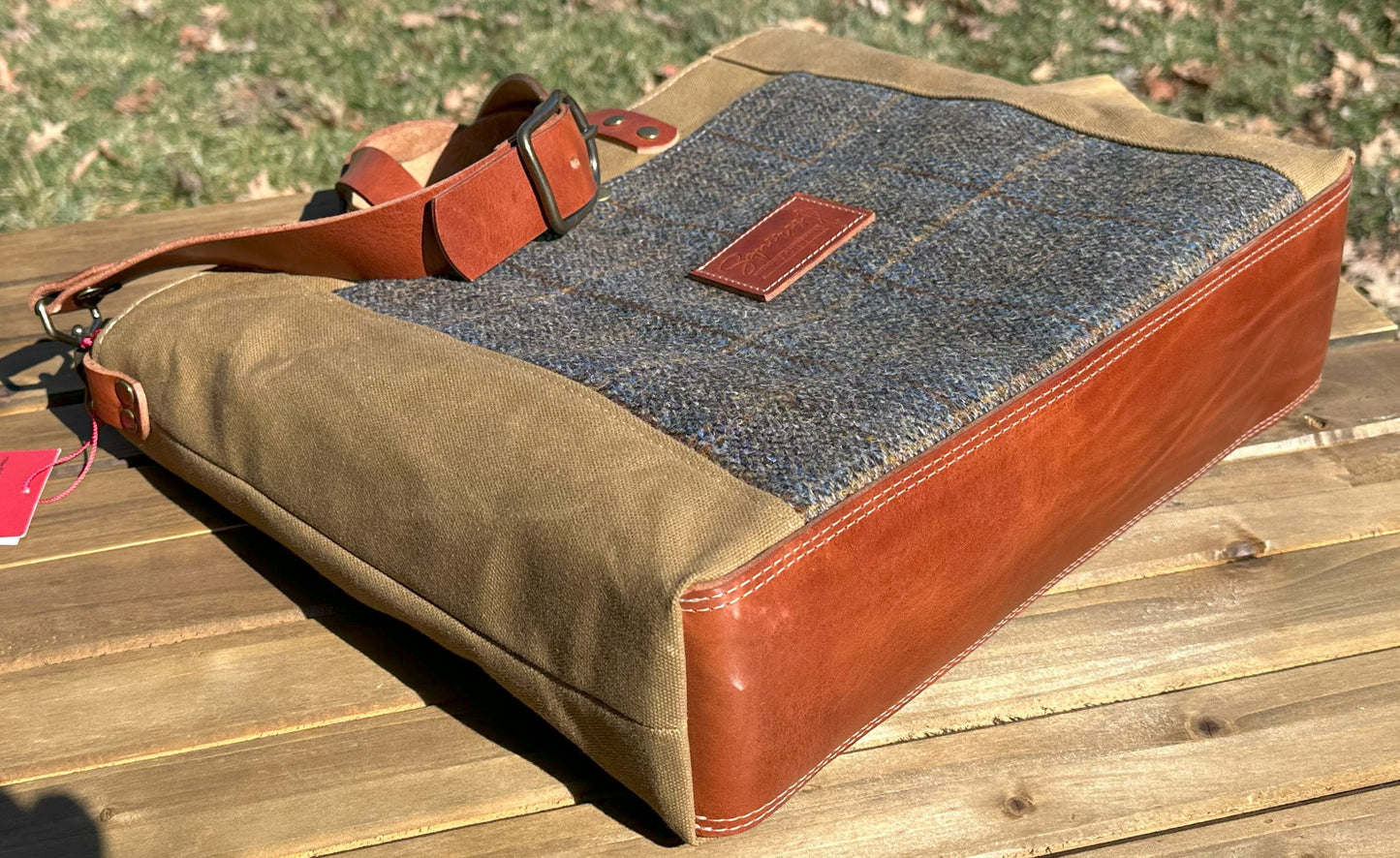 Harris Tweed® Green & Blue Herringbone with Tan Halley Stevensons 18oz Hybrid Waxed Canvas with Splenda Leather Strap SquiresCanvasCreations.com