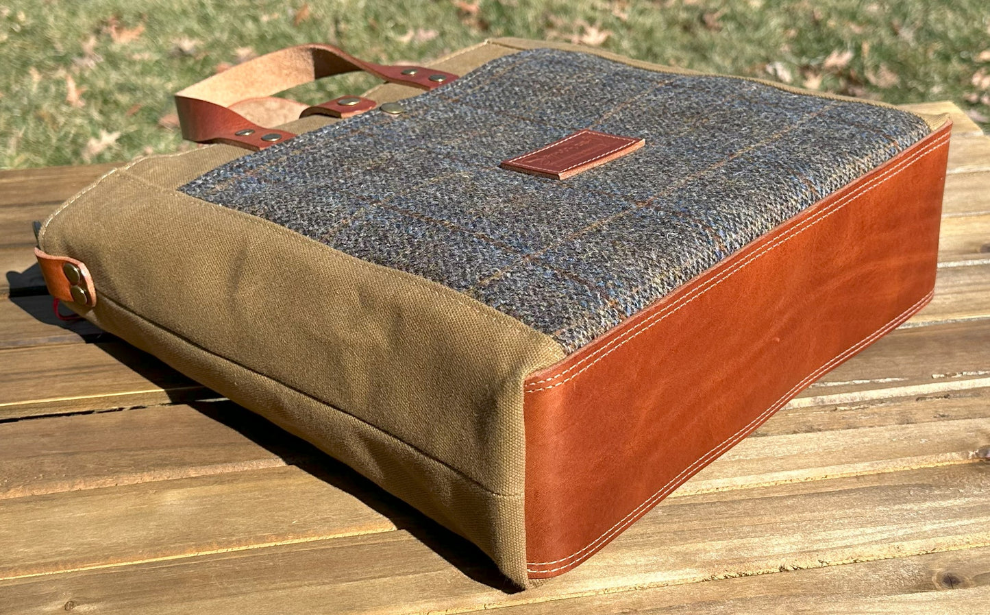 Harris Tweed® Green & Blue Herringbone with Tan Halley Stevensons 18oz Hybrid Waxed Canvas SquiresCanvasCreations.com