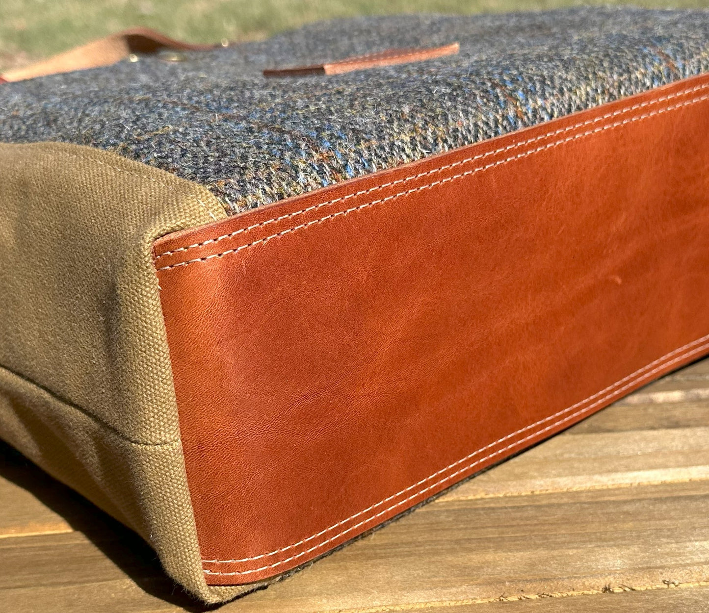 Harris Tweed® Green & Blue Herringbone with Tan Halley Stevensons 18oz Hybrid Waxed Canvas SquiresCanvasCreations.com