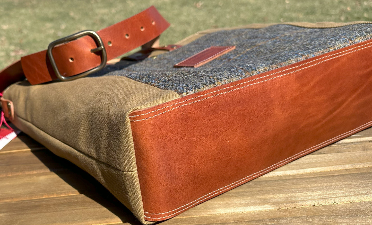 Harris Tweed® Green & Blue Herringbone with Tan Halley Stevensons 18oz Hybrid Waxed Canvas with Splenda Leather Strap SquiresCanvasCreations.com