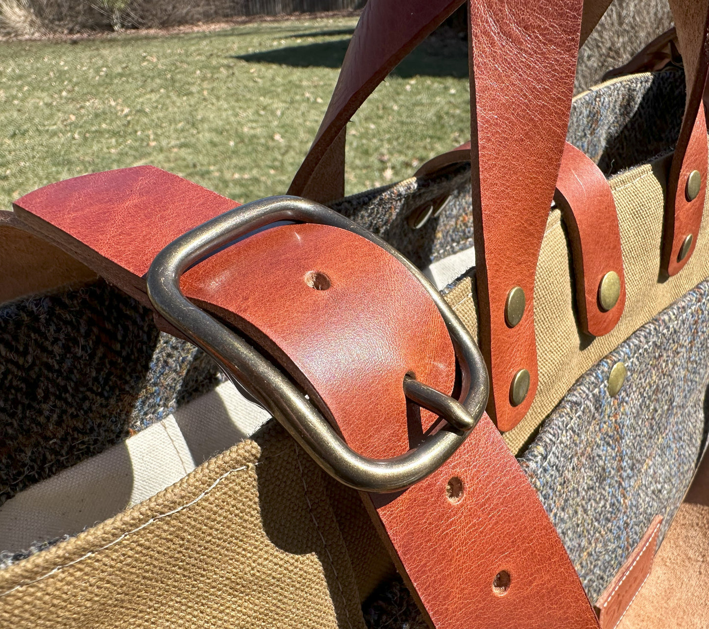 Harris Tweed® Green & Blue Herringbone with Tan Halley Stevensons 18oz Hybrid Waxed Canvas with Splenda Leather Strap SquiresCanvasCreations.com