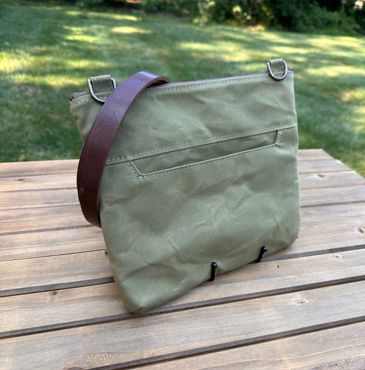 Back View Handcrafted Canvas Bayside Slim Crossbody Bag in Fieldbean Hybrid waxed canvas with cotton canvas lining and adjustable Splenda vegetable-tanned leather strap. Lightweight and perfect for everyday wear.
