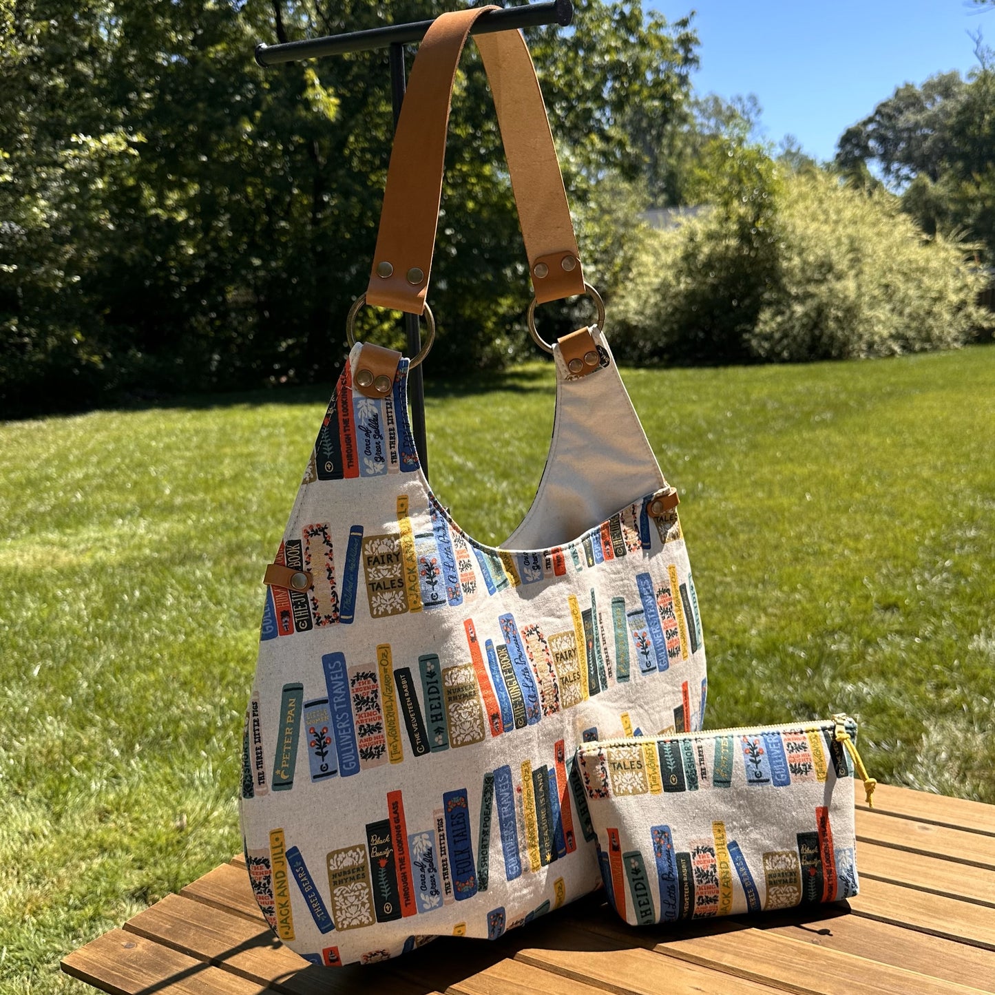 Compass Rose Shoulder Bag Rifle Paper Co. Curio Book Club Linen Unbleached Canvas Metallic with Vachetta Leather in Biscuit SquiresCanvasCreations.com
