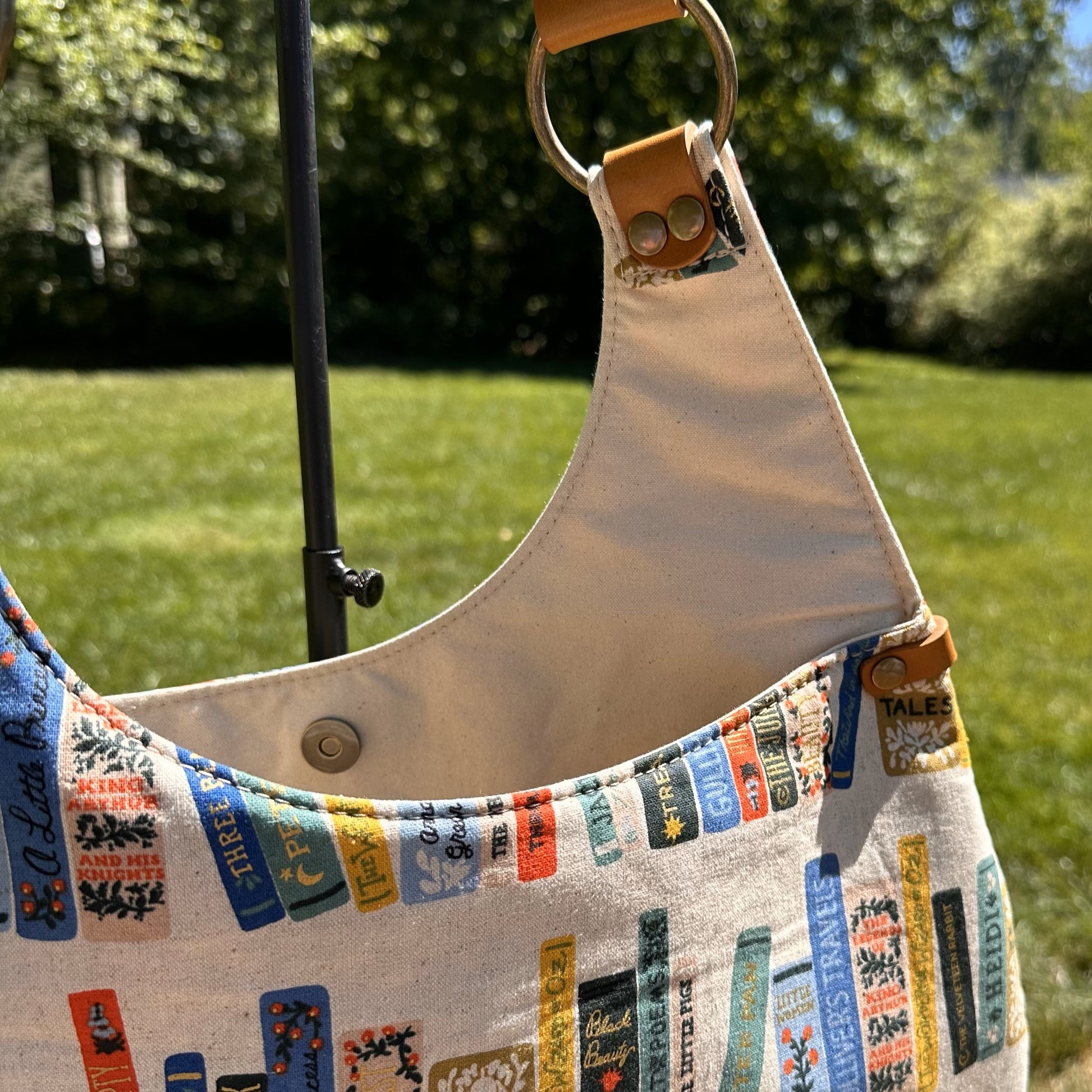 Compass Rose Shoulder Bag Rifle Paper Co. Curio Book Club Linen Unbleached Canvas Metallic with Vachetta Leather in Biscuit SquiresCanvasCreations.com