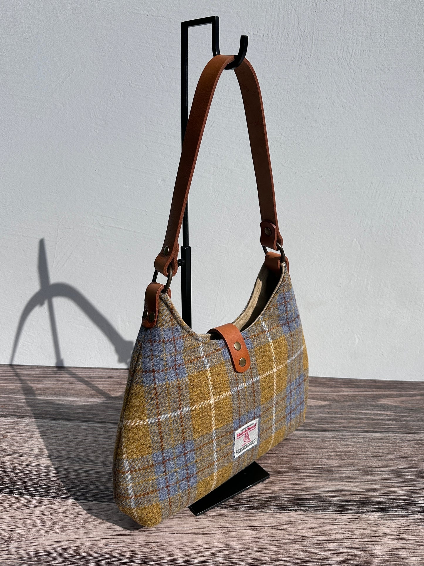 Yellow and Blue Plaid Harris Tweed® Rhode River Shoulder Bags, Cognac Leather with Antique Brass Hardware. Handcrafted in Maryland