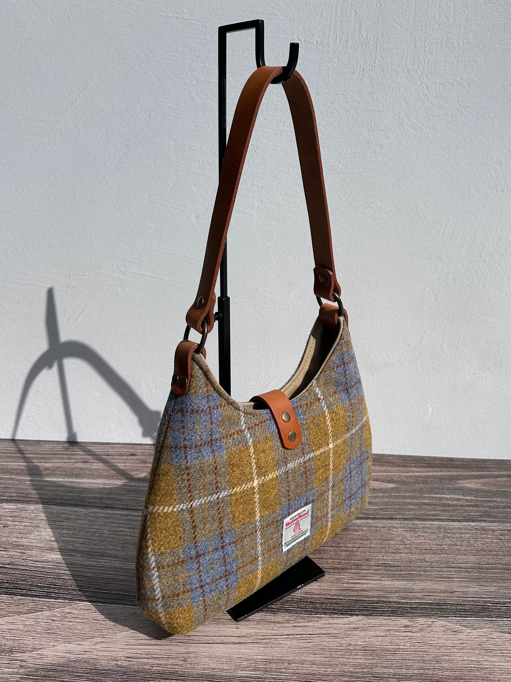Yellow and Blue Plaid Harris Tweed® Rhode River Shoulder Bags,  Cognac Leather with Antique Brass Hardware. Handcrafted in Maryland