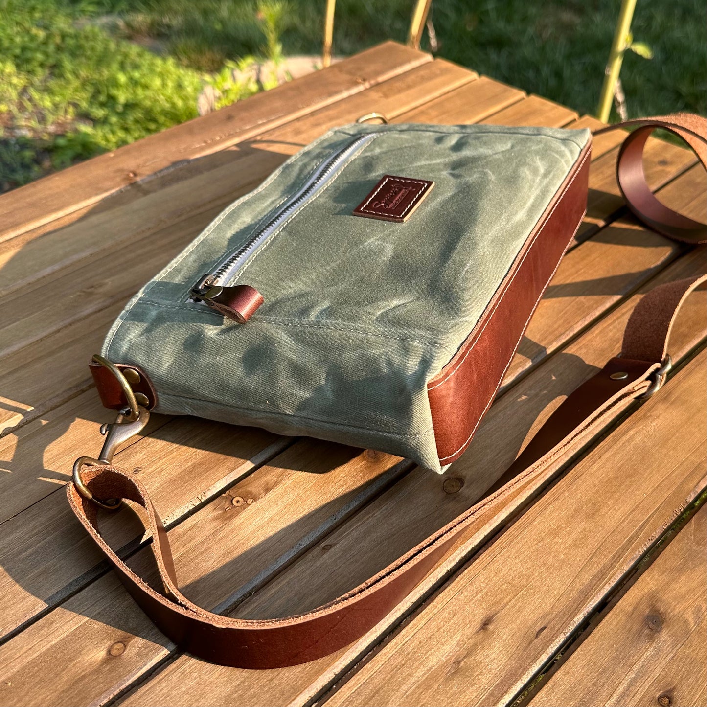 Parish Creek Crossbody Sage Waxed Twill and Toasted Wheat Leather with Antique Brass Hardware SquiresCanvasCreations.com