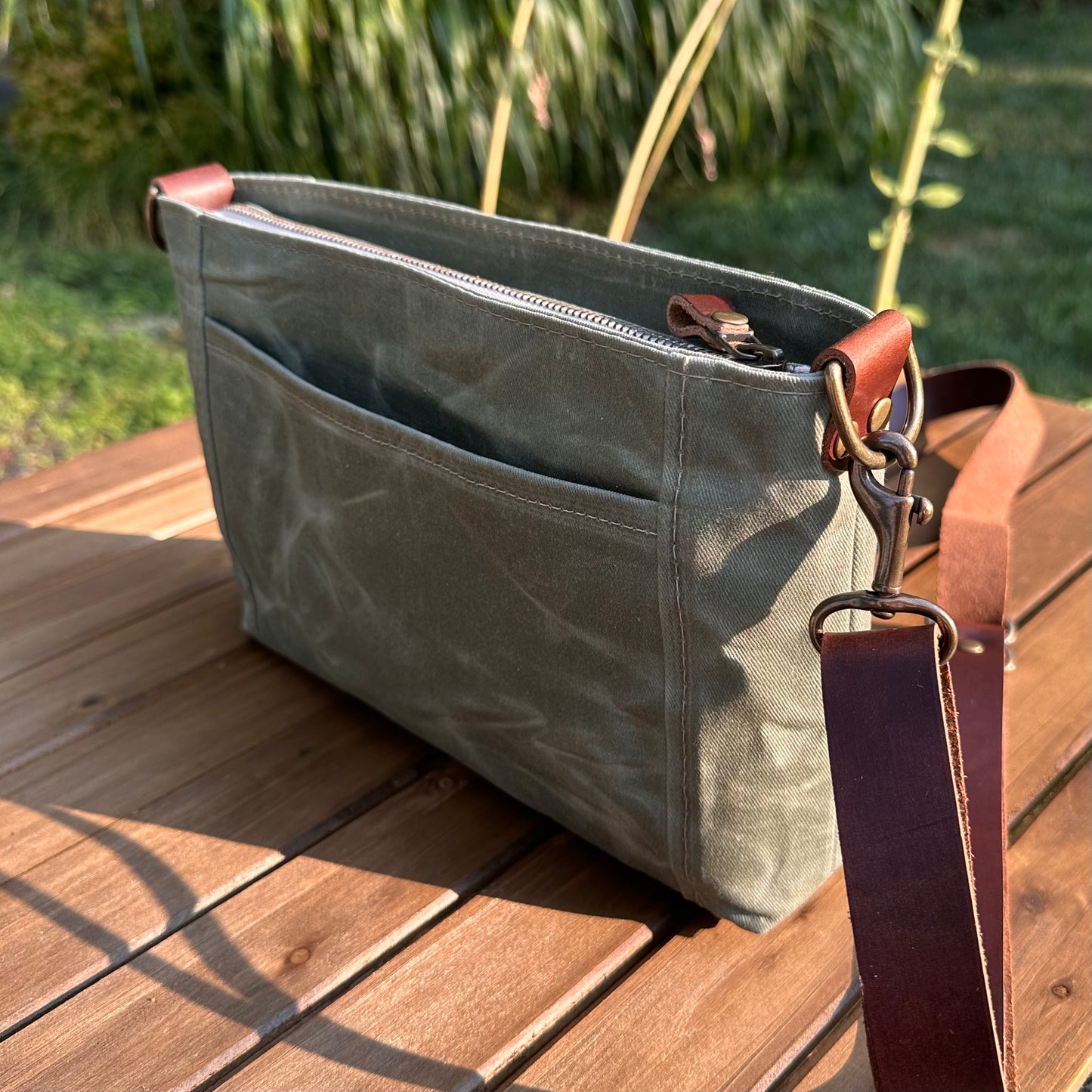 Parish Creek Crossbody Sage Waxed Twill and Toasted Wheat Leather with Antique Brass Hardware SquiresCanvasCreations.com