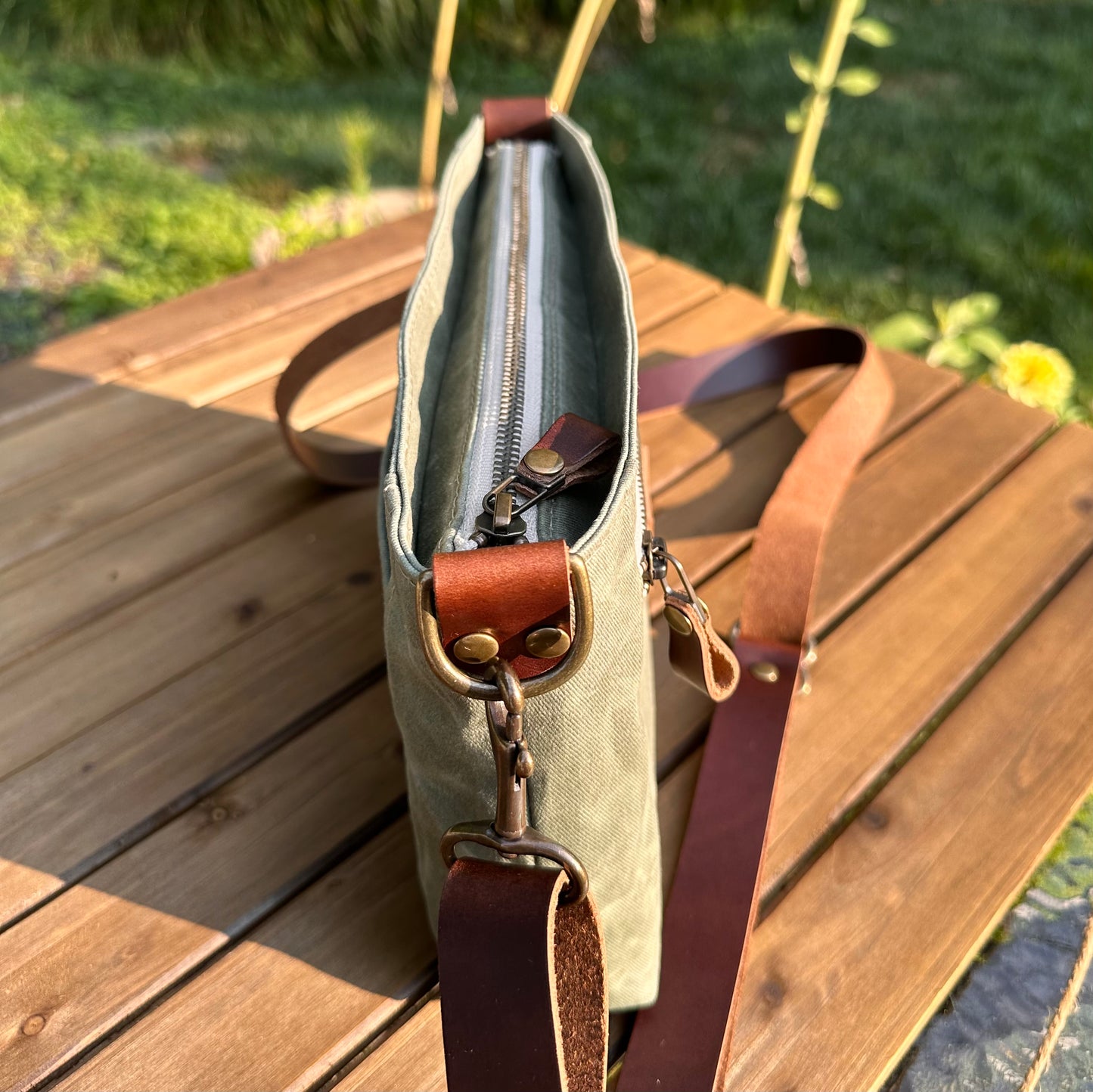 Parish Creek Crossbody Sage Waxed Twill and Toasted Wheat Leather with Antique Brass Hardware SquiresCanvasCreations.com