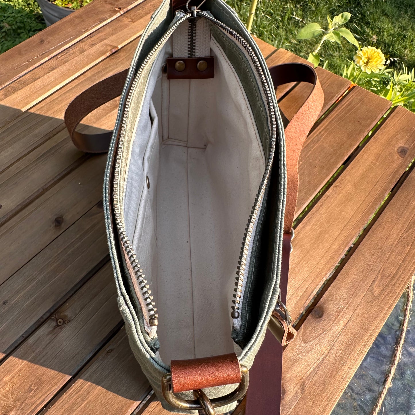 Parish Creek Crossbody Sage Waxed Twill and Toasted Wheat Leather with Antique Brass Hardware SquiresCanvasCreations.com