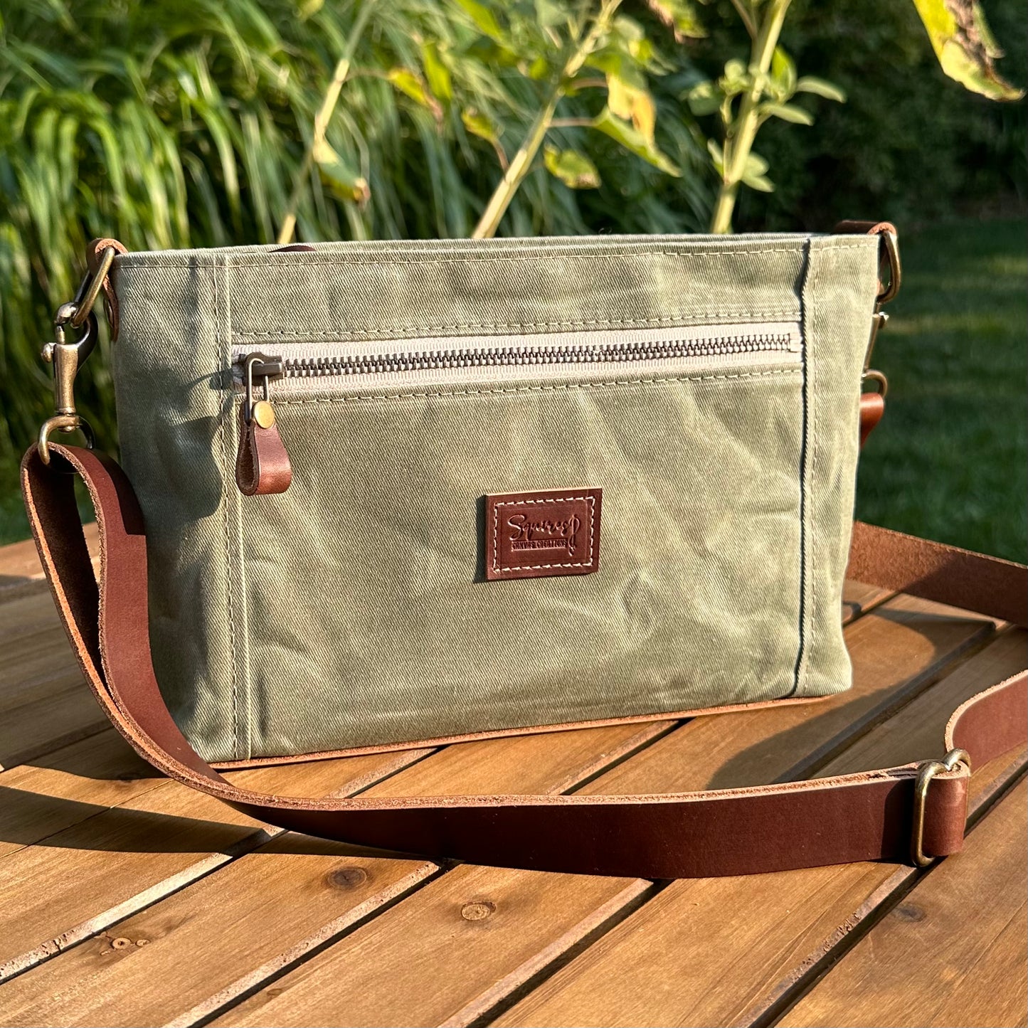 Parish Creek Crossbody Sage Waxed Twill and Toasted Wheat Leather with Antique Brass Hardware SquiresCanvasCreations.com