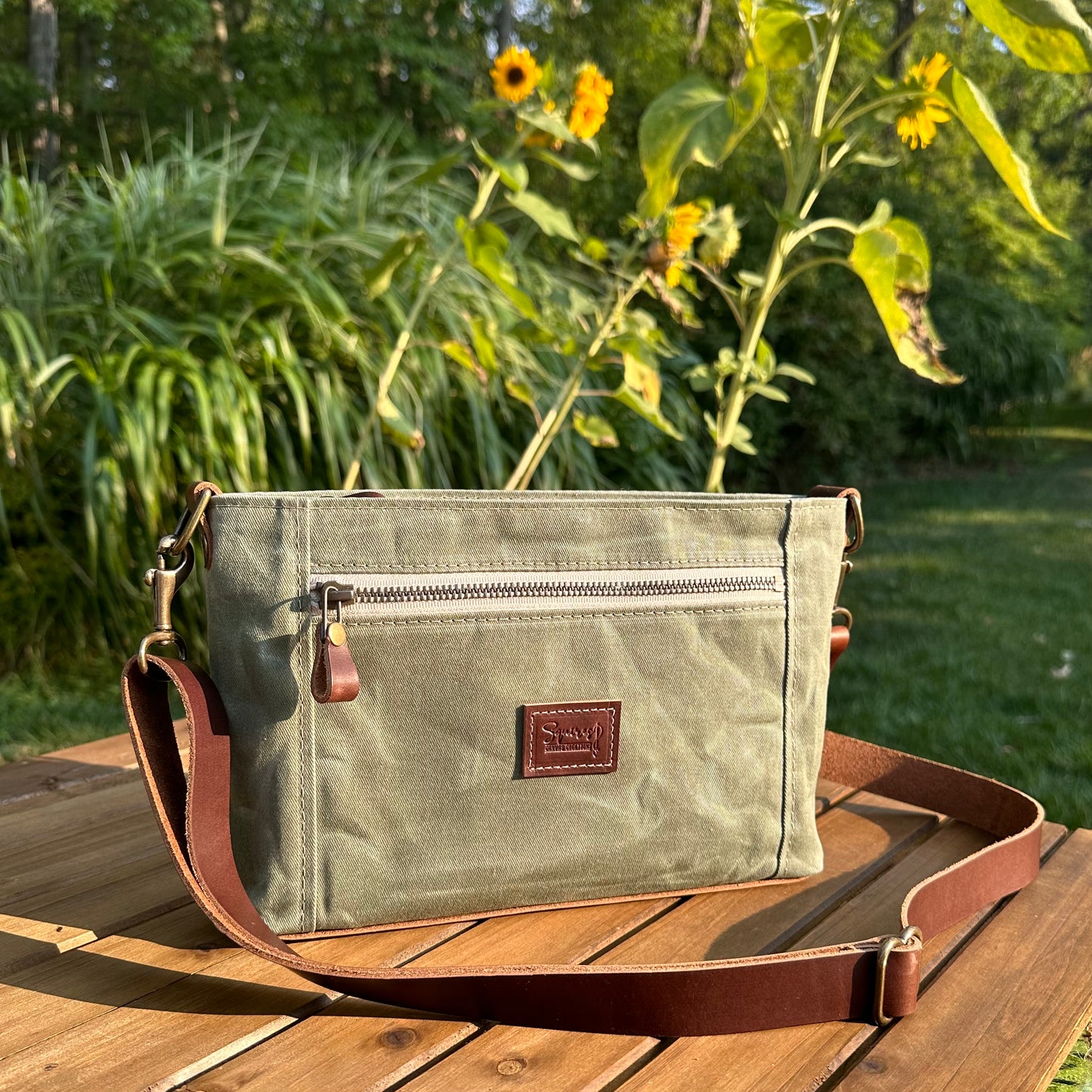 Parish Creek Crossbody Sage Waxed Twill and Toasted Wheat Leather with Antique Brass Hardware SquiresCanvasCreations.com