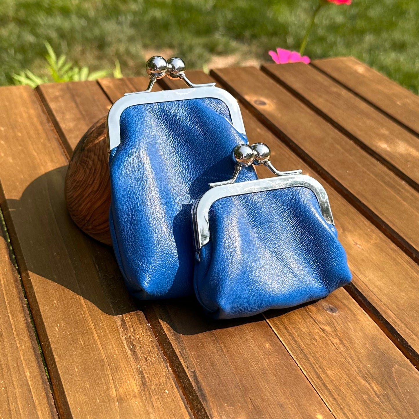 Royal Blue Leather Aberdeen Kiss Lock Pouch SquiresCanvasCreations.com