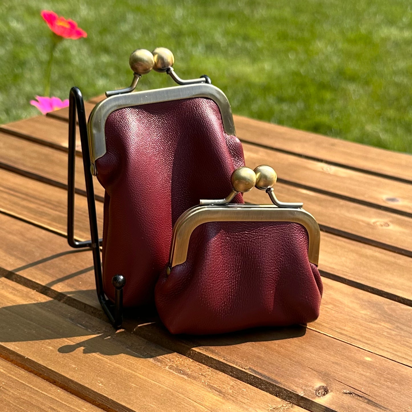 Burgundy Leather Aberdeen Kiss Lock Pouch SquiresCanvasCreations.com