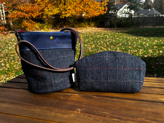 Harris Tweed® Lighthouse Crossbody round bag with flat bottom and matching Seashell Pouch