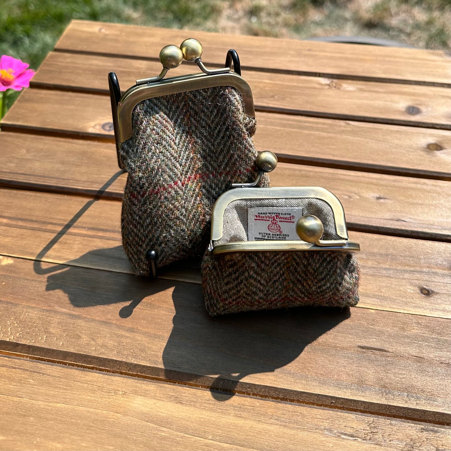Green Mix Herringbone with Blue & Gold Overcheck Harris Tweed® Aberdeen Kiss Lock Pouch SquiresCanvasCreations.com
