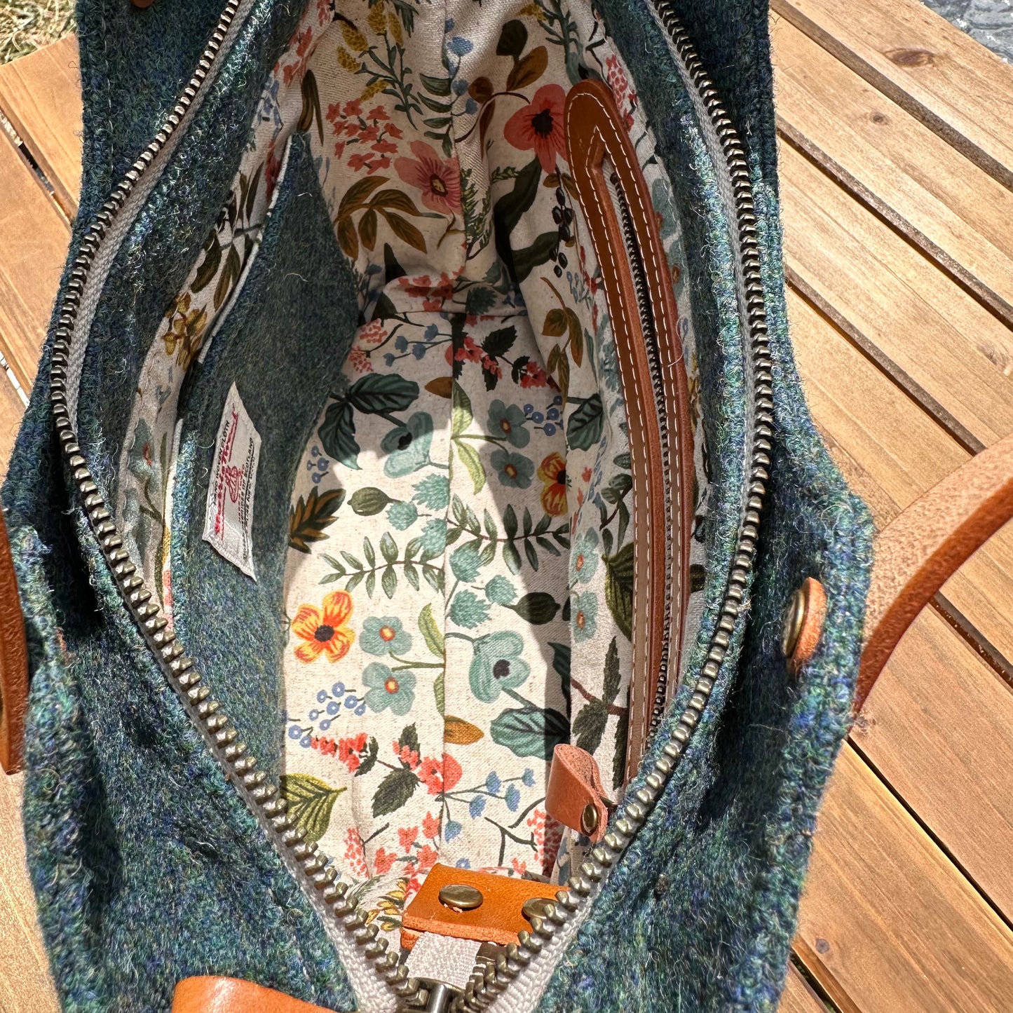 Mazie Handbag Teal Twill Harris Tweed® with Biscuit Veg Tan Leather and Antique Brass Hardware SquiresCanvasCreations.com