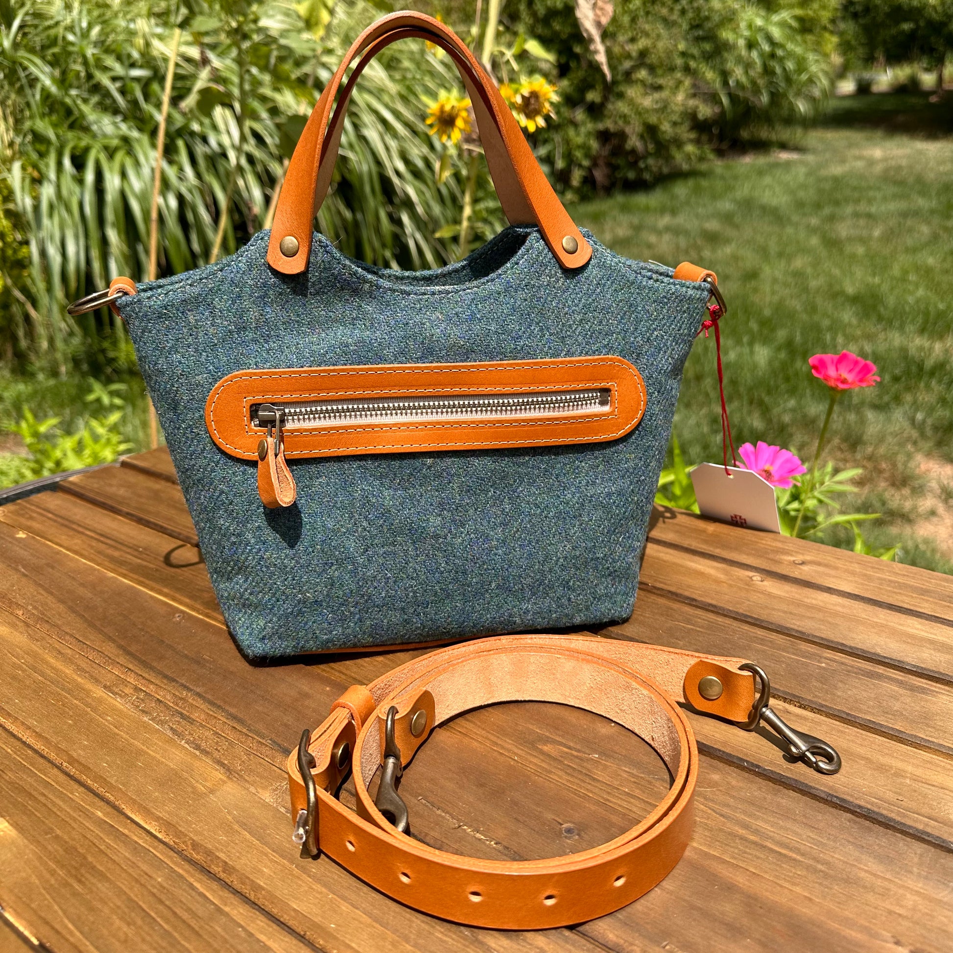 Mazie Handbag Teal Twill Harris Tweed® with Biscuit Veg Tan Leather and Antique Brass Hardware SquiresCanvasCreations.com