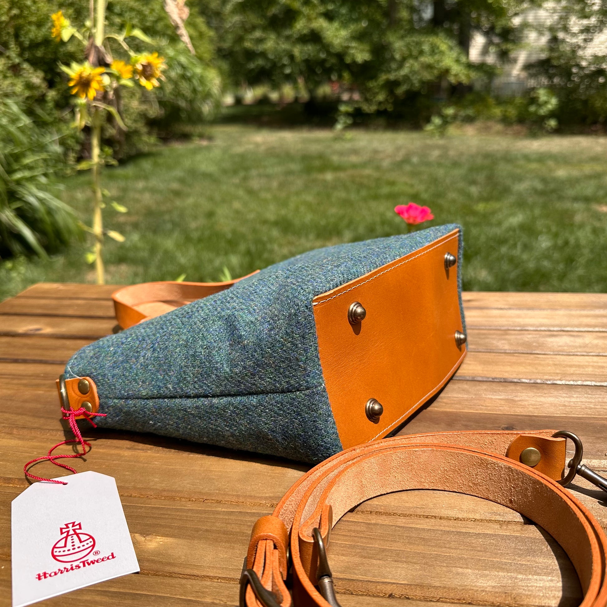 Mazie Handbag Teal Twill Harris Tweed® with Biscuit Veg Tan Leather and Antique Brass Hardware SquiresCanvasCreations.com