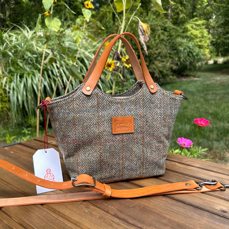 Mazie Handbag Green Mix Herringbone Harris Tweed® with Biscuit Veg Tan Leather and Antique Brass Hardware SquiresCanvasCreations.com