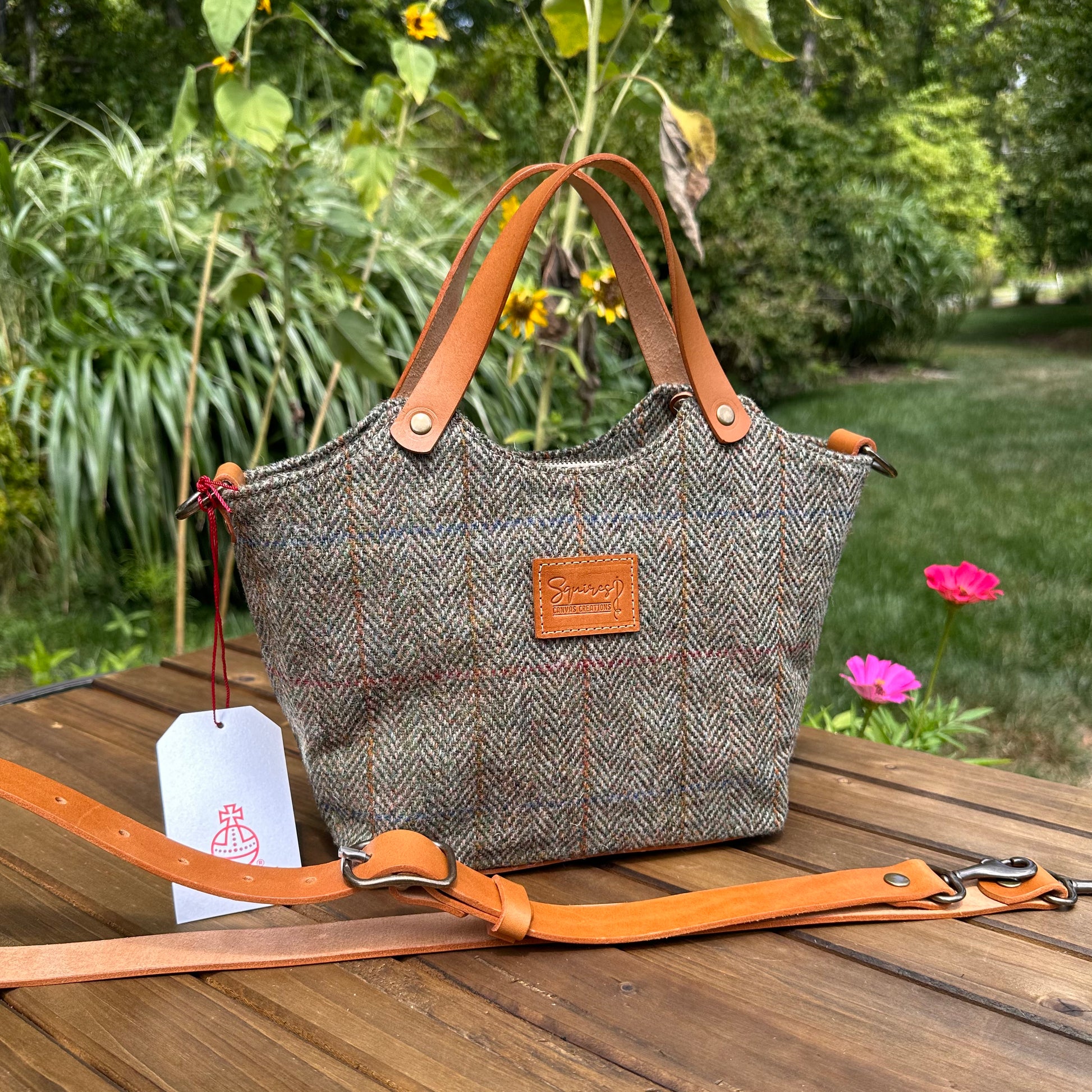 Mazie Handbag Green Mix Herringbone Harris Tweed® with Biscuit Veg Tan Leather and Antique Brass Hardware SquiresCanvasCreations.com