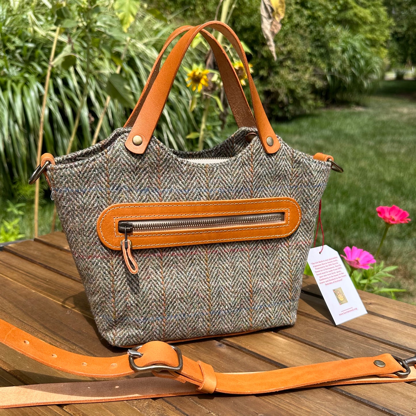 Mazie Handbag Green Mix Herringbone Harris Tweed® with Biscuit Veg Tan Leather and Antique Brass Hardware SquiresCanvasCreations.com
