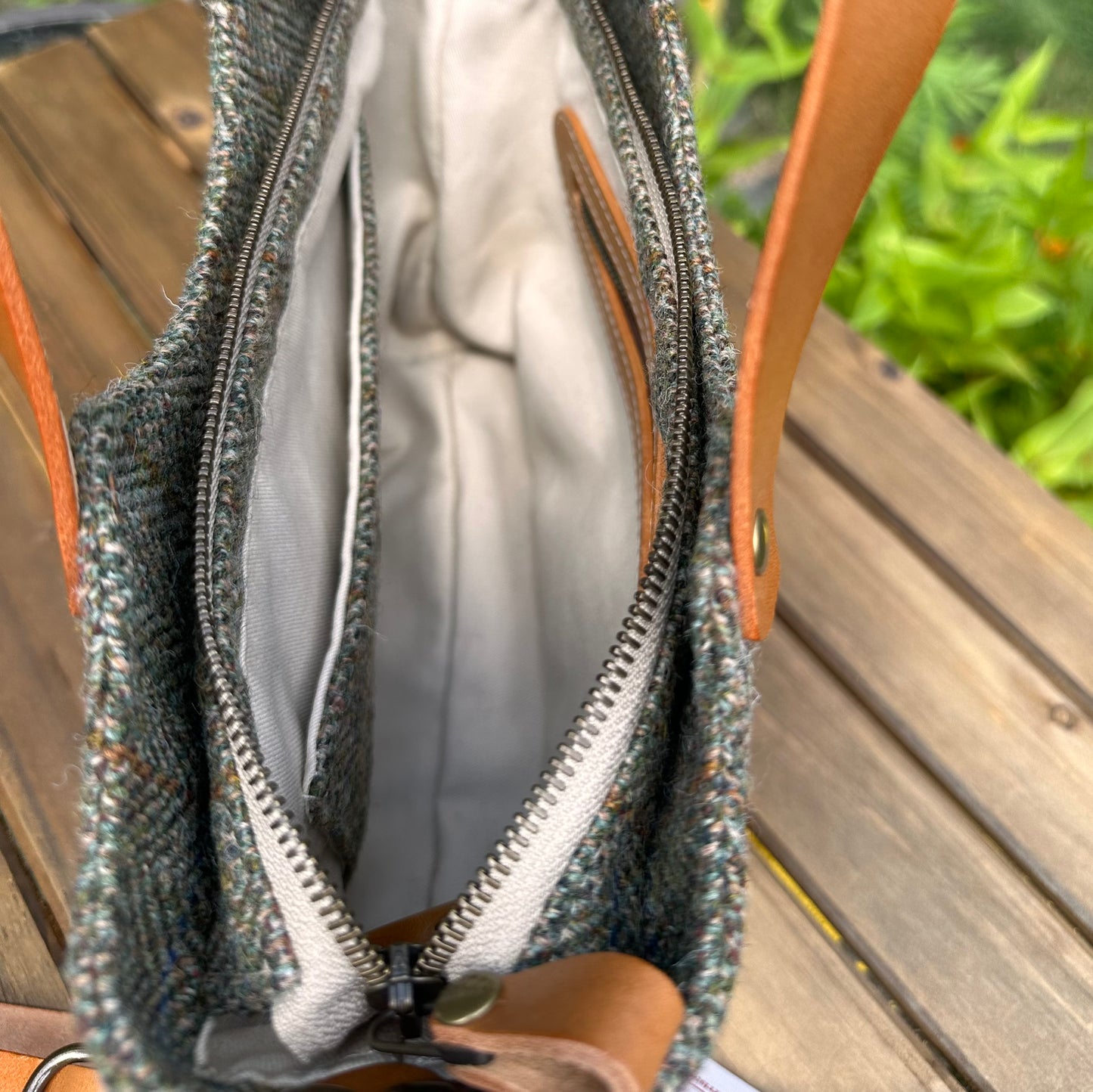 Mazie Handbag Green Mix Herringbone Harris Tweed® with Biscuit Veg Tan Leather and Antique Brass Hardware SquiresCanvasCreations.com