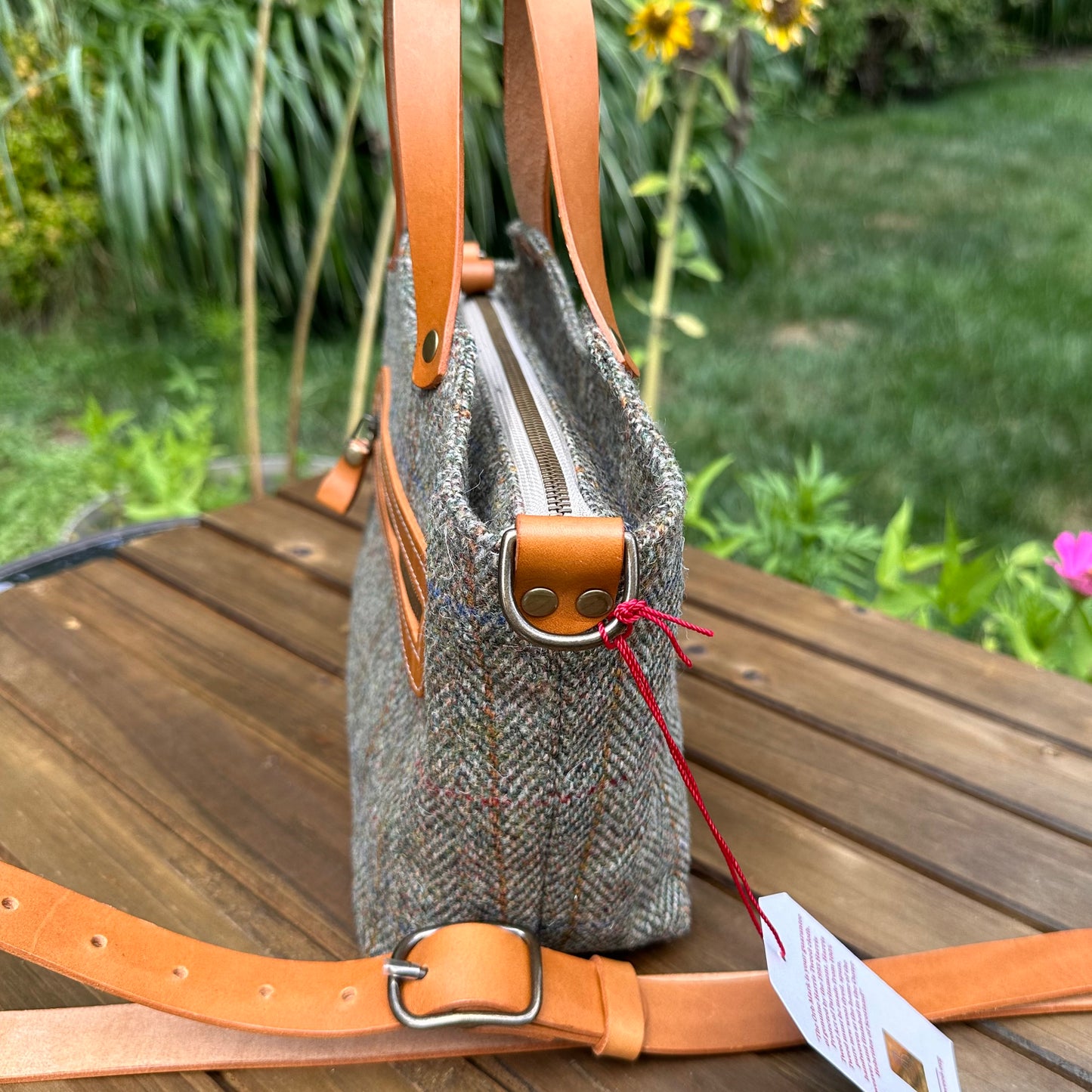Mazie Handbag Green Mix Herringbone Harris Tweed® with Biscuit Veg Tan Leather and Antique Brass Hardware SquiresCanvasCreations.com