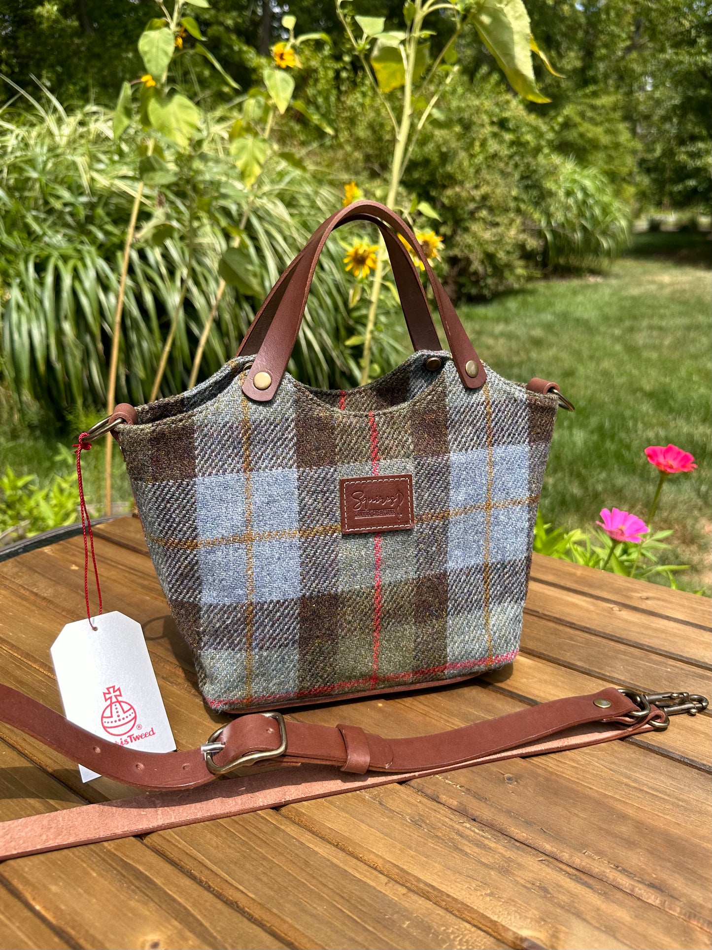 Mazie Handbag Hunting Macleod Harris Tweed® with Dark Brown English Bridle Leather and Antique Brass Hardware SquiresCanvasCreations.com