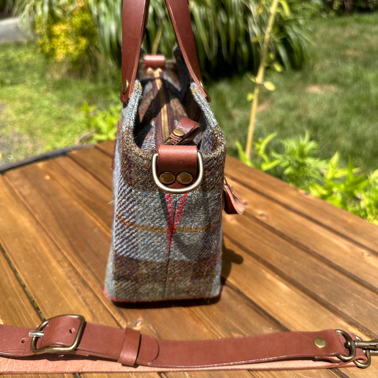 Mazie Handbag Hunting Macleod Harris Tweed® with Dark Brown English Bridle Leather and Antique Brass Hardware SquiresCanvasCreations.com