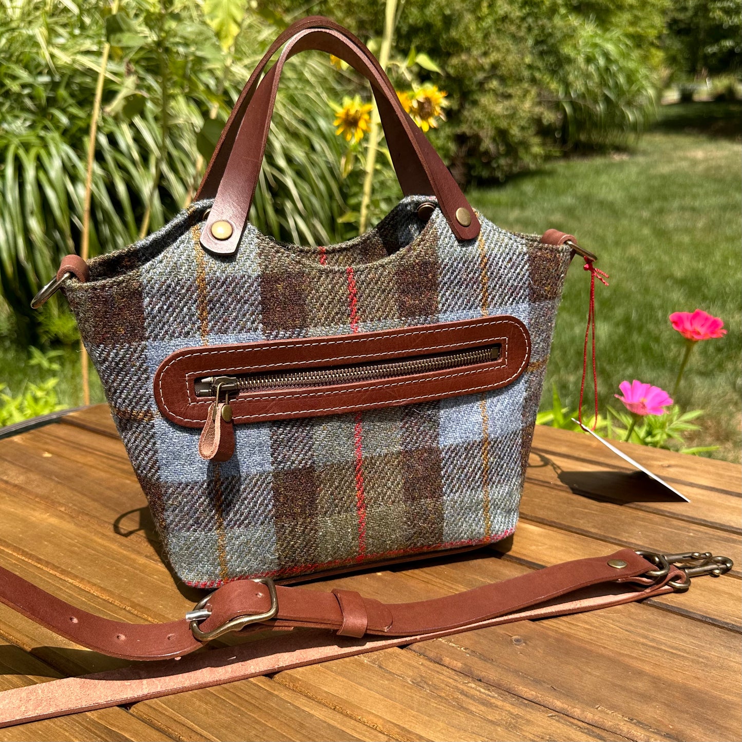 Mazie Handbag Hunting Macleod Harris Tweed® with Dark Brown English Bridle Leather and Antique Brass Hardware SquiresCanvasCreations.com